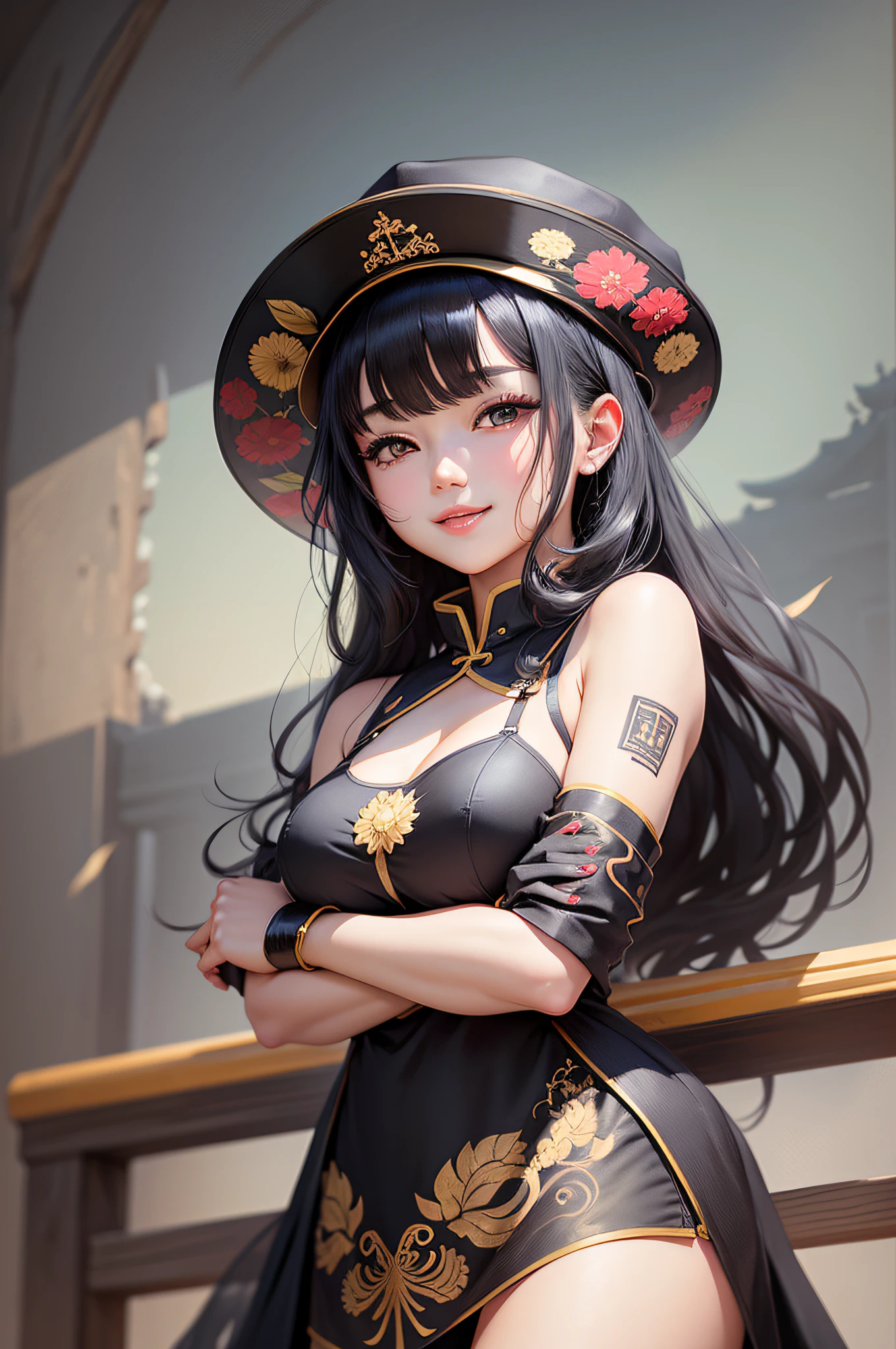 masterpiece,1girl,solo,black hair,underboob, hat,light_smile,ofuda,china dress, crossed arms, --auto --s2