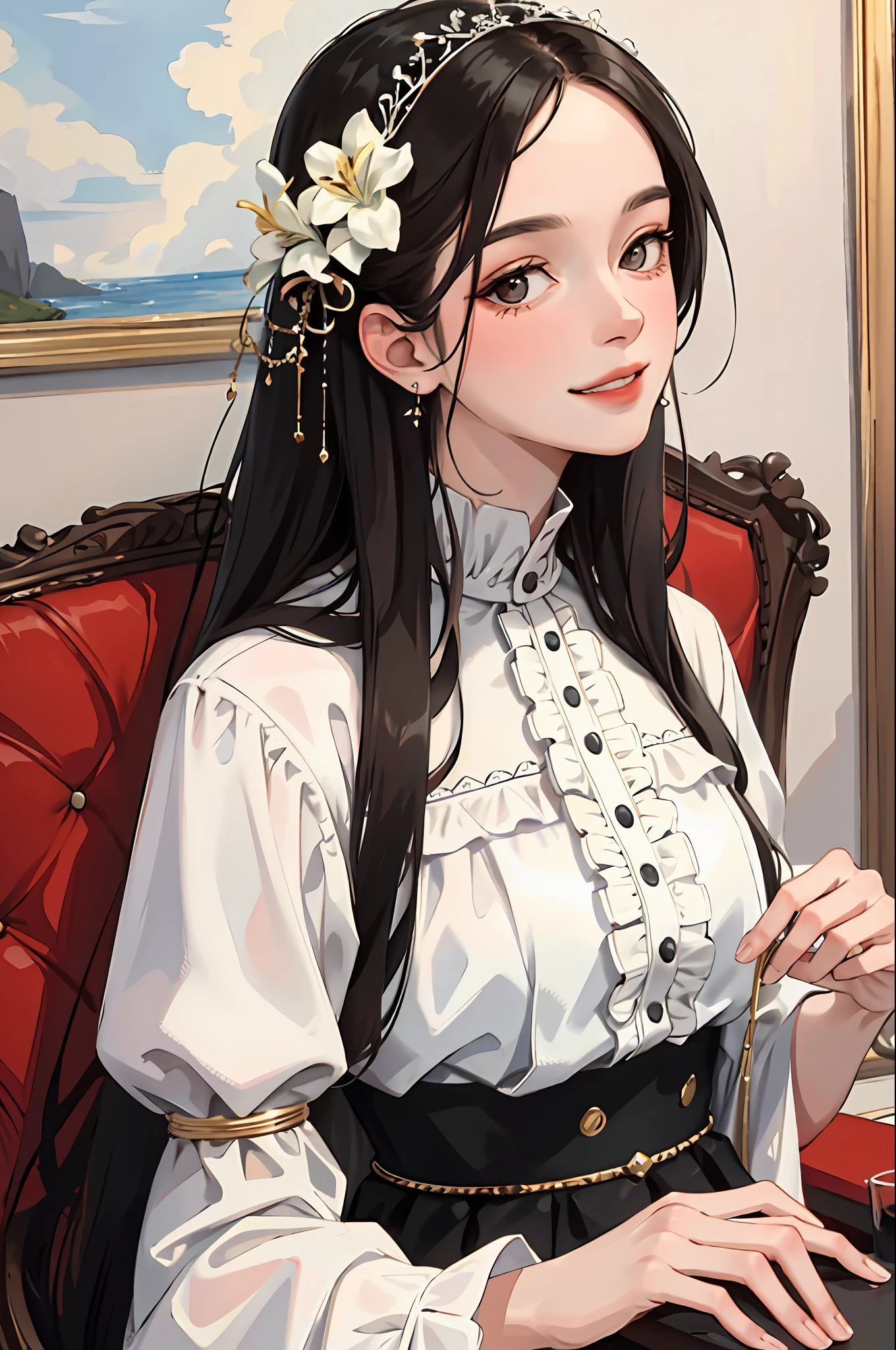 (masterpiece:1.2, best quality), (real picture, intricate details), 1lady, solo, upper body, casual, long hair, minimal makeup, natural fabrics, close-up face, smile, home