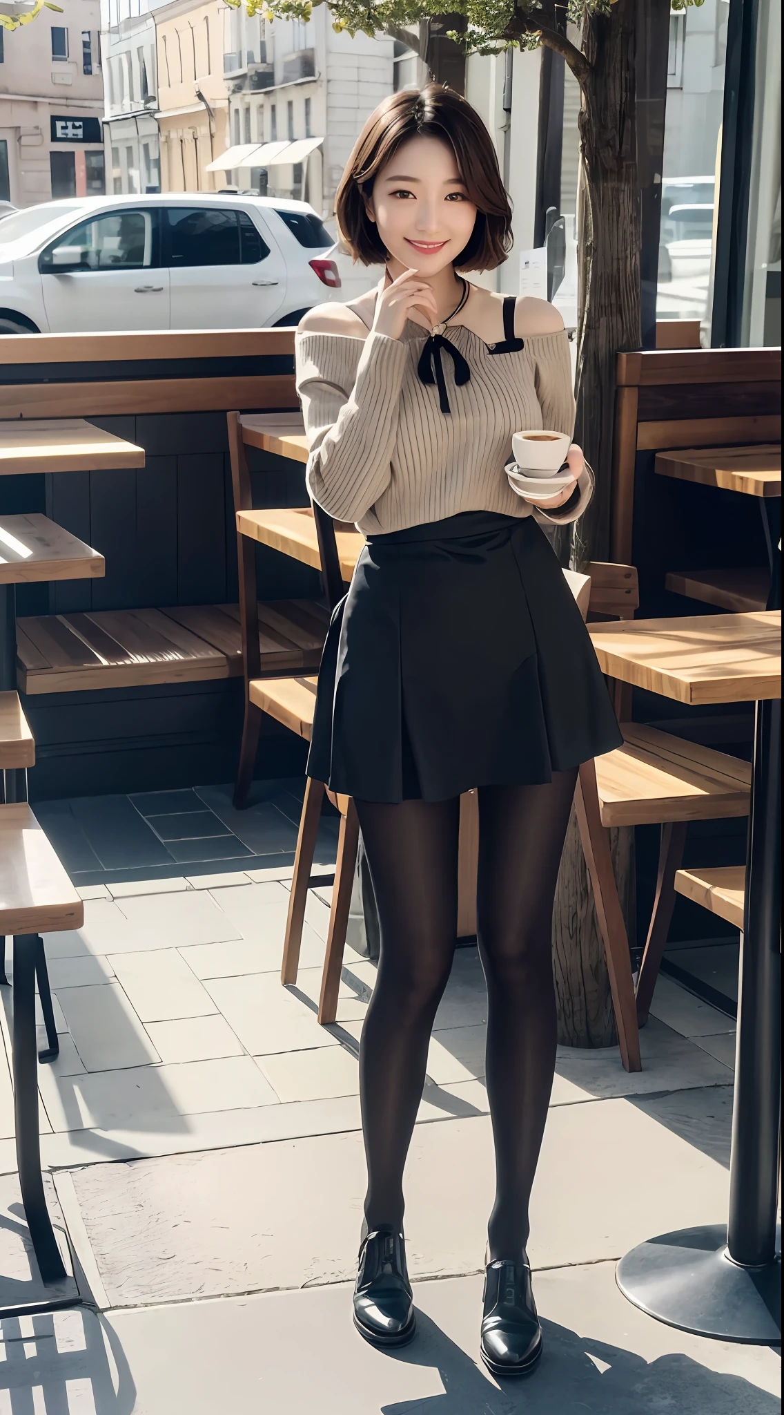 8k uhd, dslr,film grain, Fujifilm XT3,(best quality:1.3), (masterpiece:1.1), high resolution, cinematic light, intricate details, (photorealistic),outside,beautiful outside,sunny,
korean girl,(in cafe:1.5) , dimples, bobcut, looking at viewer, detailed trees, ribbons, bowties, bare shoulders, ribbed sweater,
pencil skirt, high-waist skirt, head rest, sitting, indoors,
necklace,black pantyhose, sheet transportation sweater, (smile),(full body:1.6),slender,
