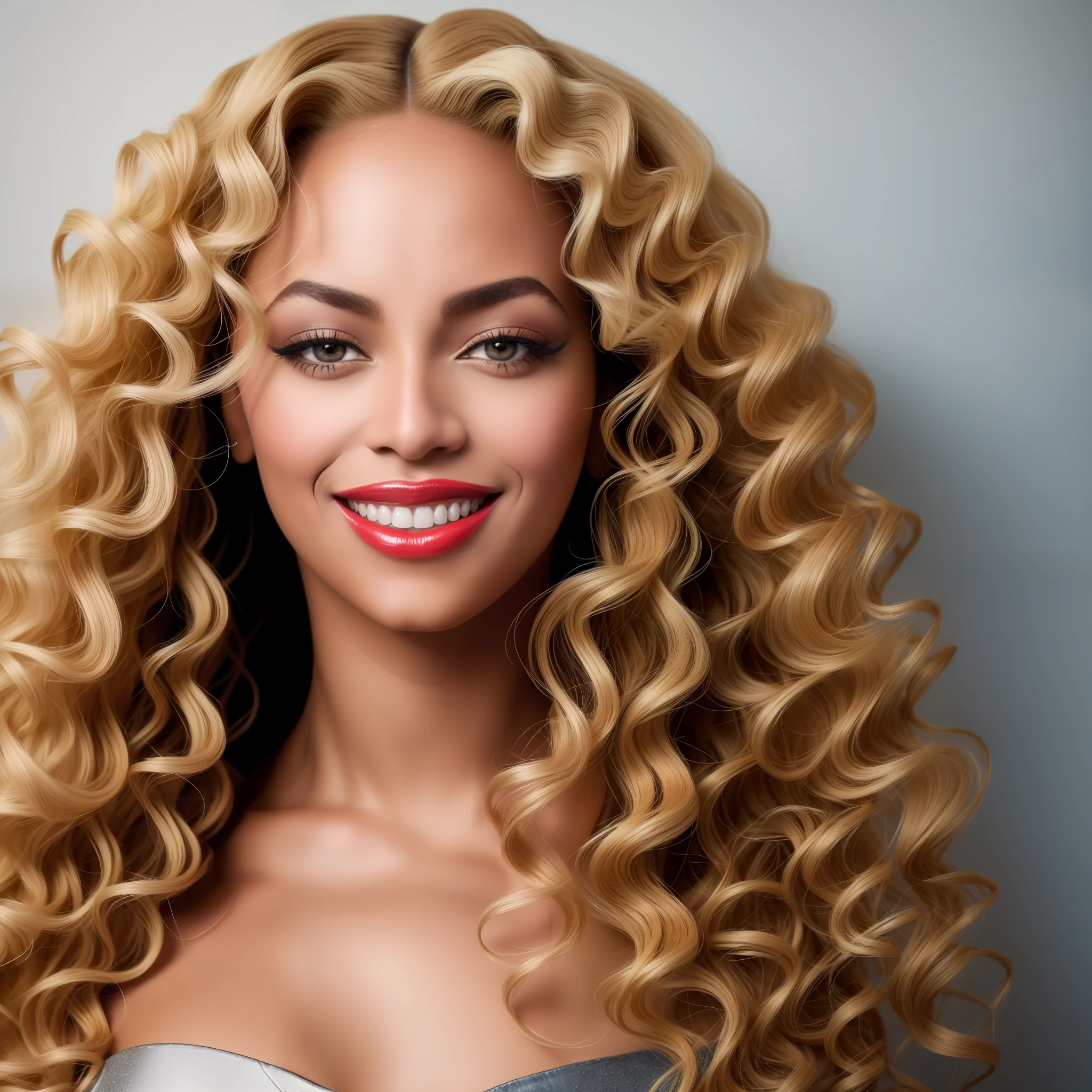 Beyoncé, with a bright smile, red lips, large blonde curls, realistic portraits, photographed in front of a wall with a colorful gradient, Raw simulation style, makes him the focal point of the image. Pay attention to details such as highlights and shadows on the face and hair to create a realistic and realistic image. Try different lighting techniques to enhance the mood and atmosphere of your portrait. ((High Detail Skin, Skin Detail)), Clear Focus, Volumetric Fog, 8K Ultra HD, SLR, High Quality, Film Granules, Fujifilm XT3