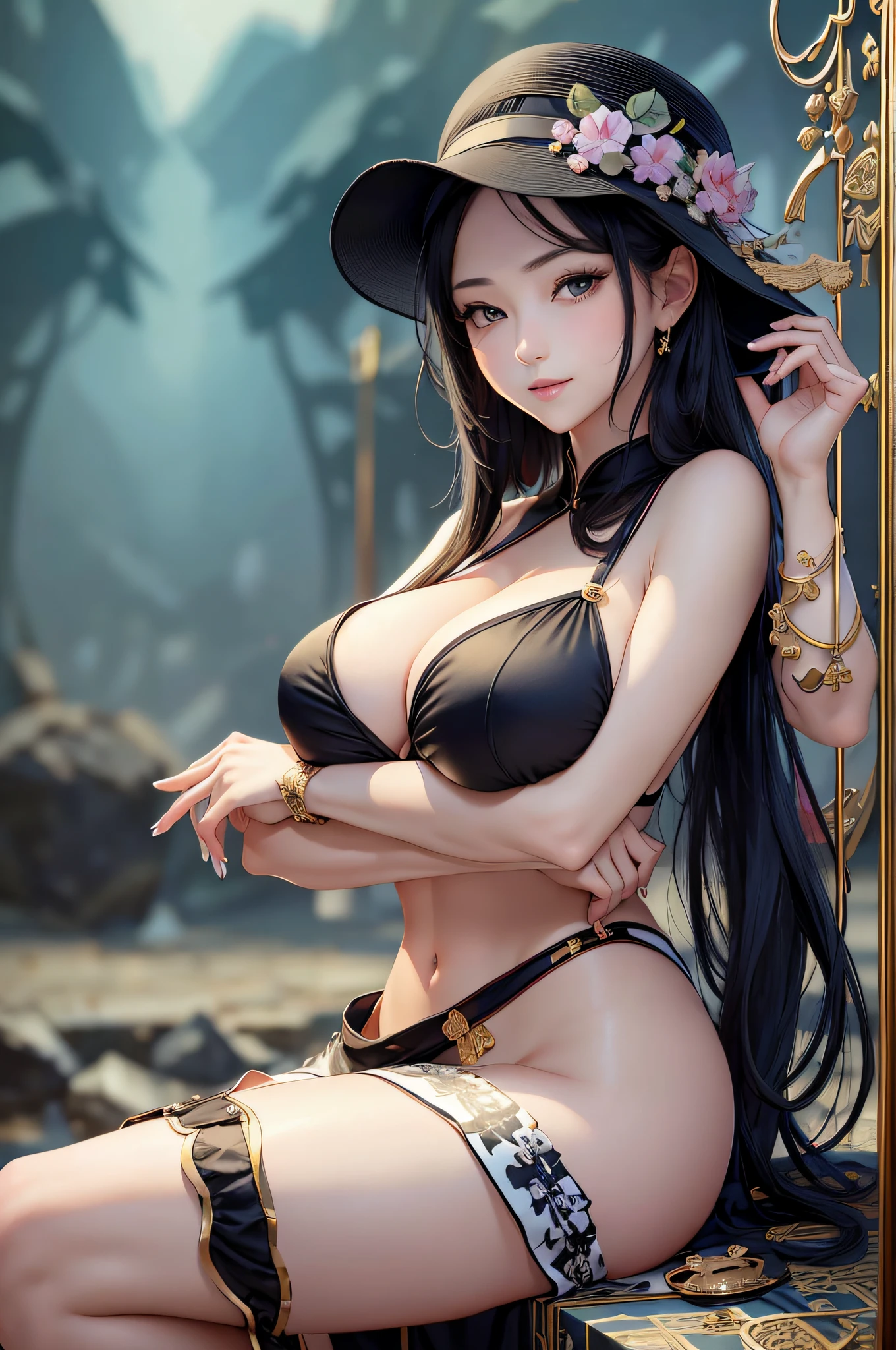 masterpiece,1girl,solo,black hair,underboob, hat,light_smile,ofuda,china dress, crossed arms, --auto --s2