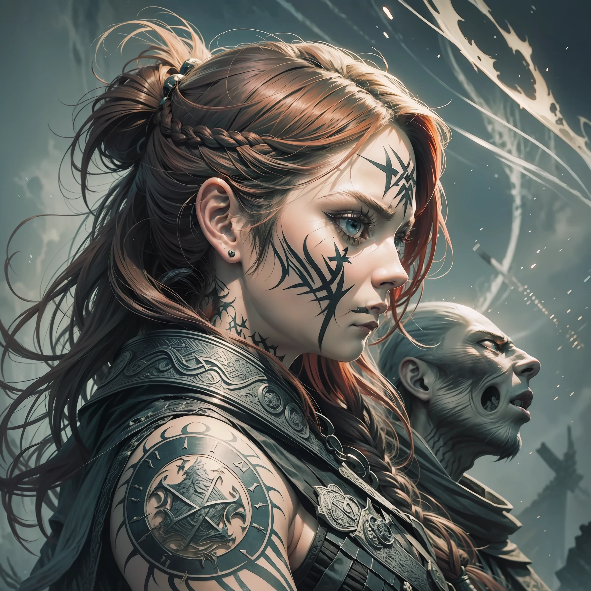 a viking woman with viking tattoos,charcoal tattoo in eyes,expression of anger,holding shield with viking runes,redhead,braided and messy flowing hair,bruised and scratched body,side view,profile vision,velka,assassins creed valhalla,ragnarok,vikings,black body behind,nordic,valhalla,nordic runes,hand drawn,illustration,art nouveau,tarot cards