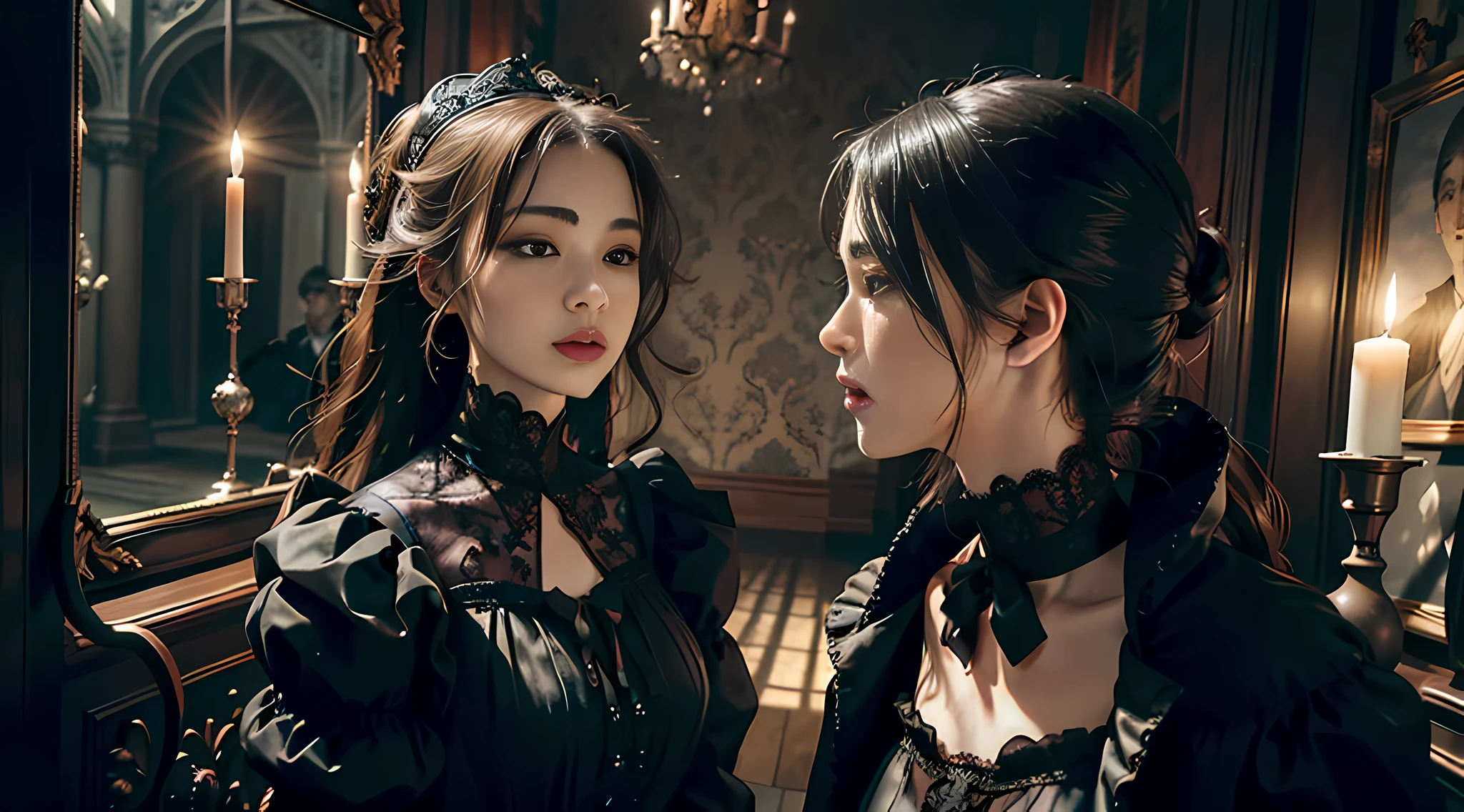 Official Art, Unity 8k wallpaper, ultra-detailed, beautiful, beautiful, masterpiece, best quality, dark, atmospheric, mystical, romantic, creepy, literature, art, fashion, victorian, decoration, intricate, ironwork, lace, contemplative, emotional depth, supernatural, 1 girl, solo, neck, bust composition