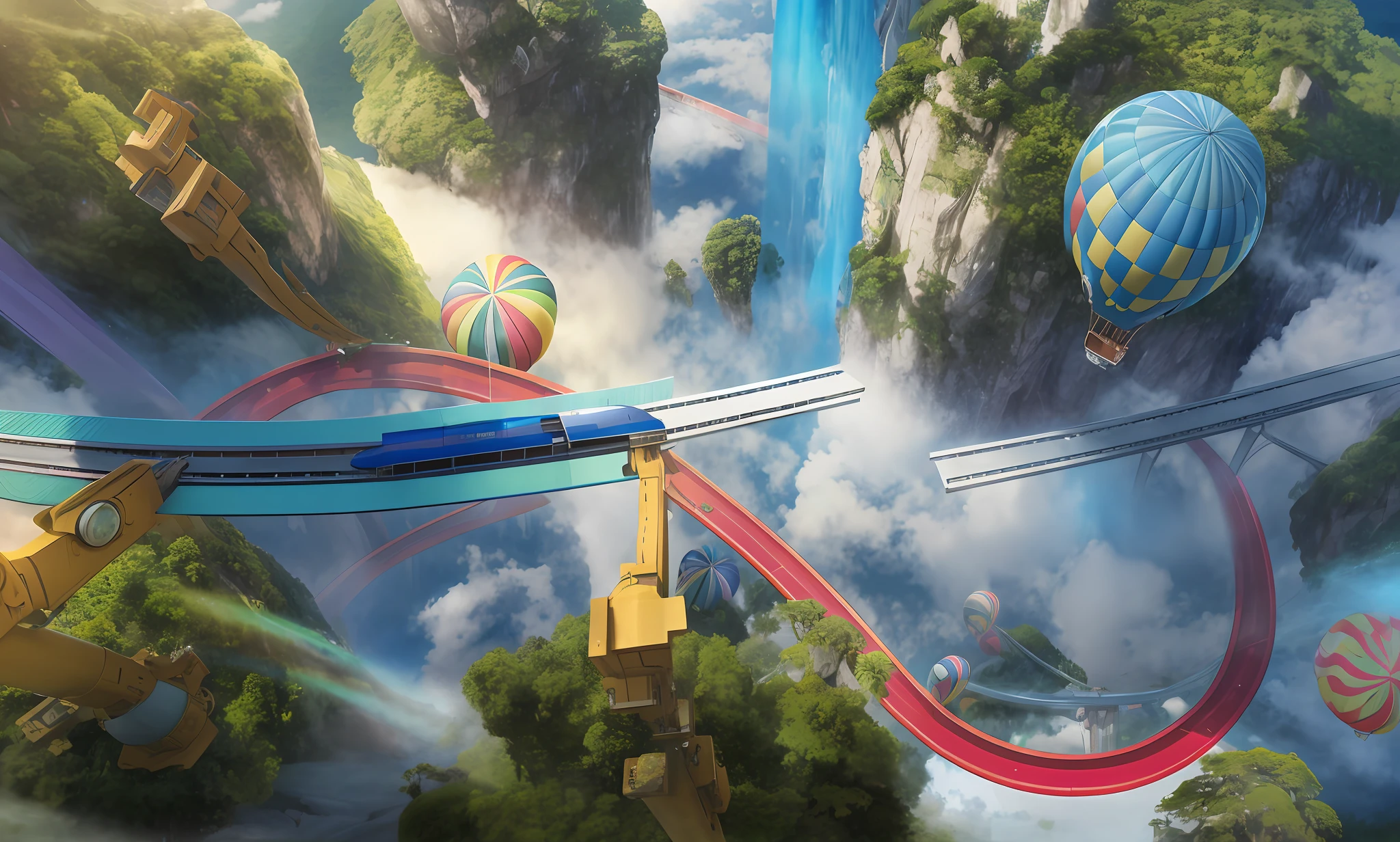Photo style, overlook, blue sky, white clouds, lush vegetation, rides in the air, high-tech maglev train in mid-air, silver tracks floating in the air, huge high-tech robotic arm assembling the railroad tracks above, rich vegetation, huge waterfall on the hanging mountain, hot air balloon shuttling in the middle, Pixar rendering, 3d rendering and matte painting, beautiful composition 3 - D 4 K, luxurious matte painting, promotional rendering, surrealist matte painting, matte painting of magic realism, official artwork, Overpass, Digital Dream, Realistic, Side Backlit, Bright Colors