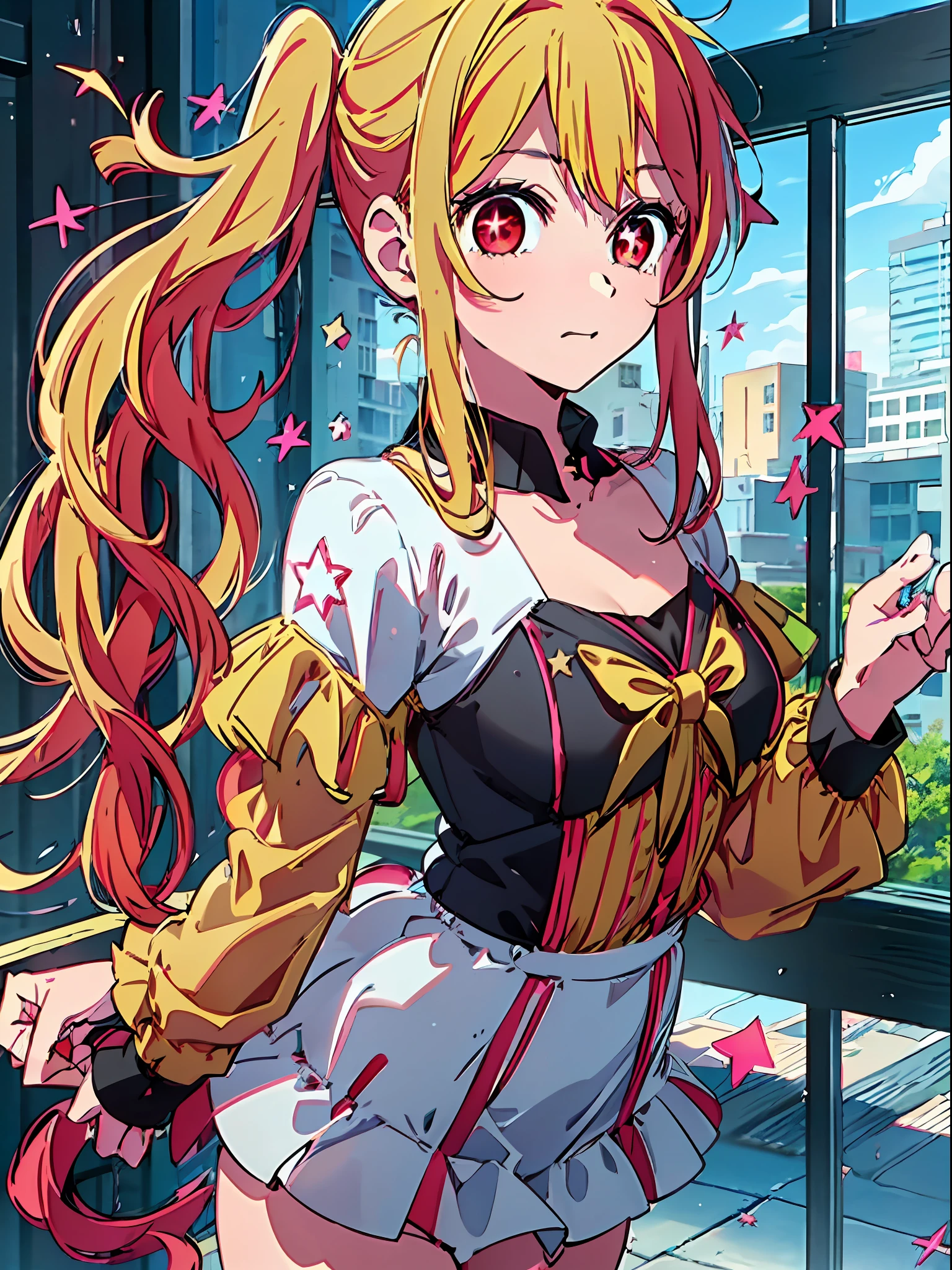 1girl (Masterpiece) (Best Quality)(Glossy hair)(Glossy skin), Ruby Hoshino, swimsuit, 1 girl, Solo, Ruby Hoshino, Symbol-shaped pupil, (Left star pupil:1.5), Glitter eyes, (Red eyes, Left star:1.5), Symbolic eyes, Long hair, Blonde hair, Bangs, Blushing, (Side ponytail:1.1), Idol clothes, Ruffled clothes, Yellow clothes