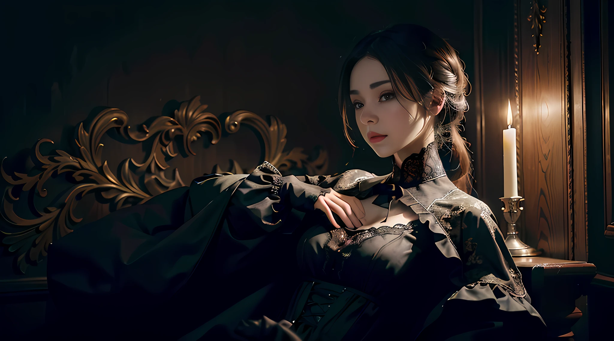 Official Art, Unity 8k wallpaper, ultra-detailed, beautiful, beautiful, masterpiece, best quality, dark, atmospheric, mystical, romantic, creepy, literature, art, fashion, victorian, decoration, intricate, ironwork, lace, contemplative, emotional depth, supernatural, 1 girl, solo, neck, bust composition