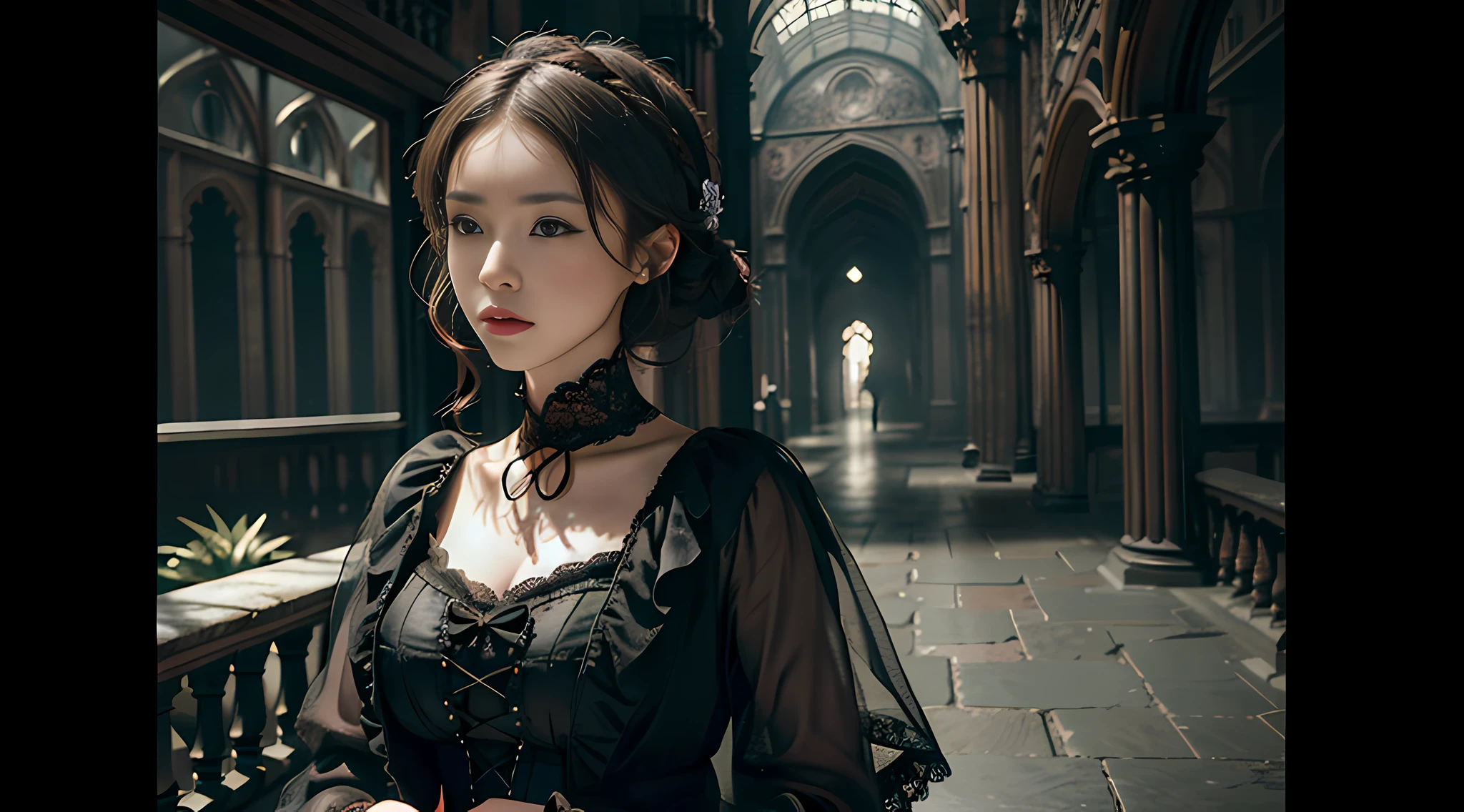 Official Art, Unity 8k wallpaper, ultra-detailed, beautiful, beautiful, masterpiece, best quality, dark, atmospheric, mystical, romantic, creepy, literature, art, fashion, victorian, decoration, intricate, ironwork, lace, contemplative, emotional depth, supernatural, 1 girl, solo, neck, bust composition