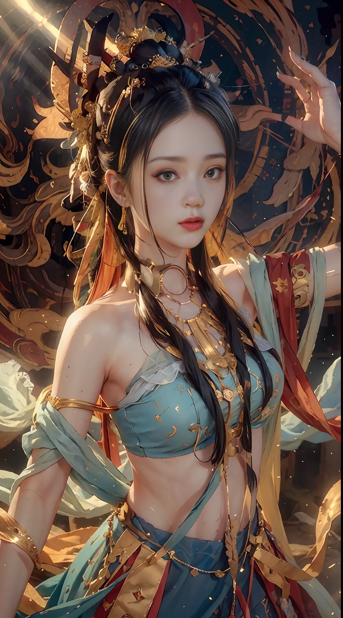 (RAW Photo, Best Quality), (Realistic, Photo Realistic: 1.3), Best Quality, Highly Detailed, Masterpiece, Hyperdetail, Illustration, 1 Girl, upper_body, Dynamic Angle, World Masterpiece Theater, messy_long_hair, Best Quality, Extremely Detailed CG Uniform 8k Wallpaper, Ink, Amazing, Cinematic Lighting, lens_flare,, dunhuang_style, Broken, Sexy