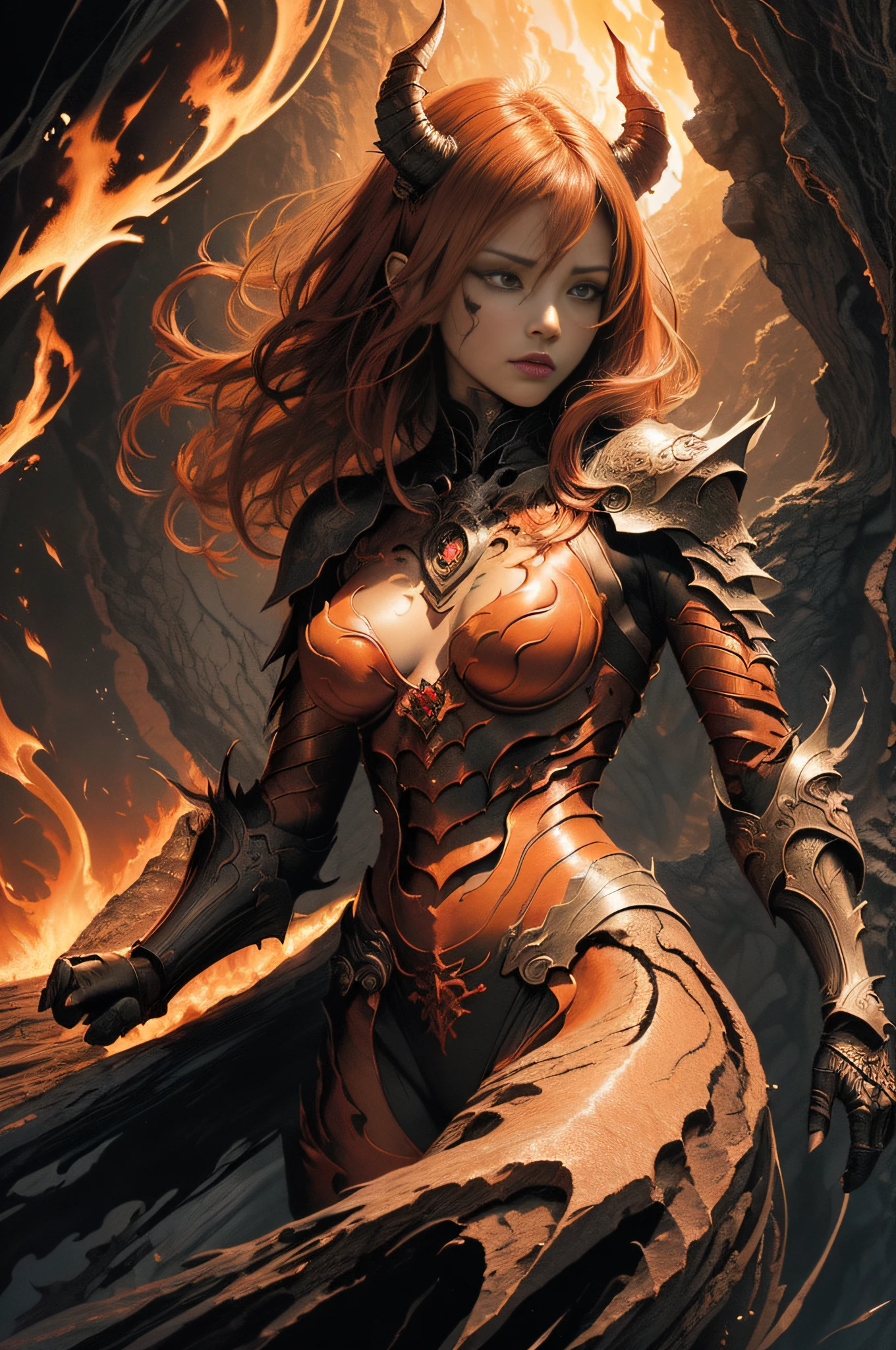 [Detailed illustrations, art based on extremely ideal anatomy, very detailed and detailed drawings, slow and delicate lines, realistic texture expression],(((Color tressed lines)),(Artwork with outstanding craftsmanship),(Lava Cave Background (Flame Hell: 0.4))),HENAI ANIME [Red-skinned DemonGirl 19 years old, slender muscular] Flame Hair (Demon Knight: 0.5),(Bone Armor ( Crack in chest) (Blade of fresh blood: 0.4)) ((Burning energy from the body)) (Edge),((Dark fantasy)),((Fine and beautiful skin expression (transparency))),(Perfect and beautiful face,Realistic face details),(Perfect eye (Realistic eye details (Beautiful iris drawn in detail) (Sharp pupil))),(Perfectly proportioned and perfectly proportioned)),( Design built to a high level, ((Advanced structural understanding)),Ideal color coordination),((Complex decoration (Ultra-dense detail))),(Detail,High Definition),[Ultra-precision detail,HighQuality,High resolution,((Multilayer texture))],((Accurate simulation of light-material interactions,Understanding air flow,Mechanically correct representation)), ((Visual art that conveys a sense of narrative)).