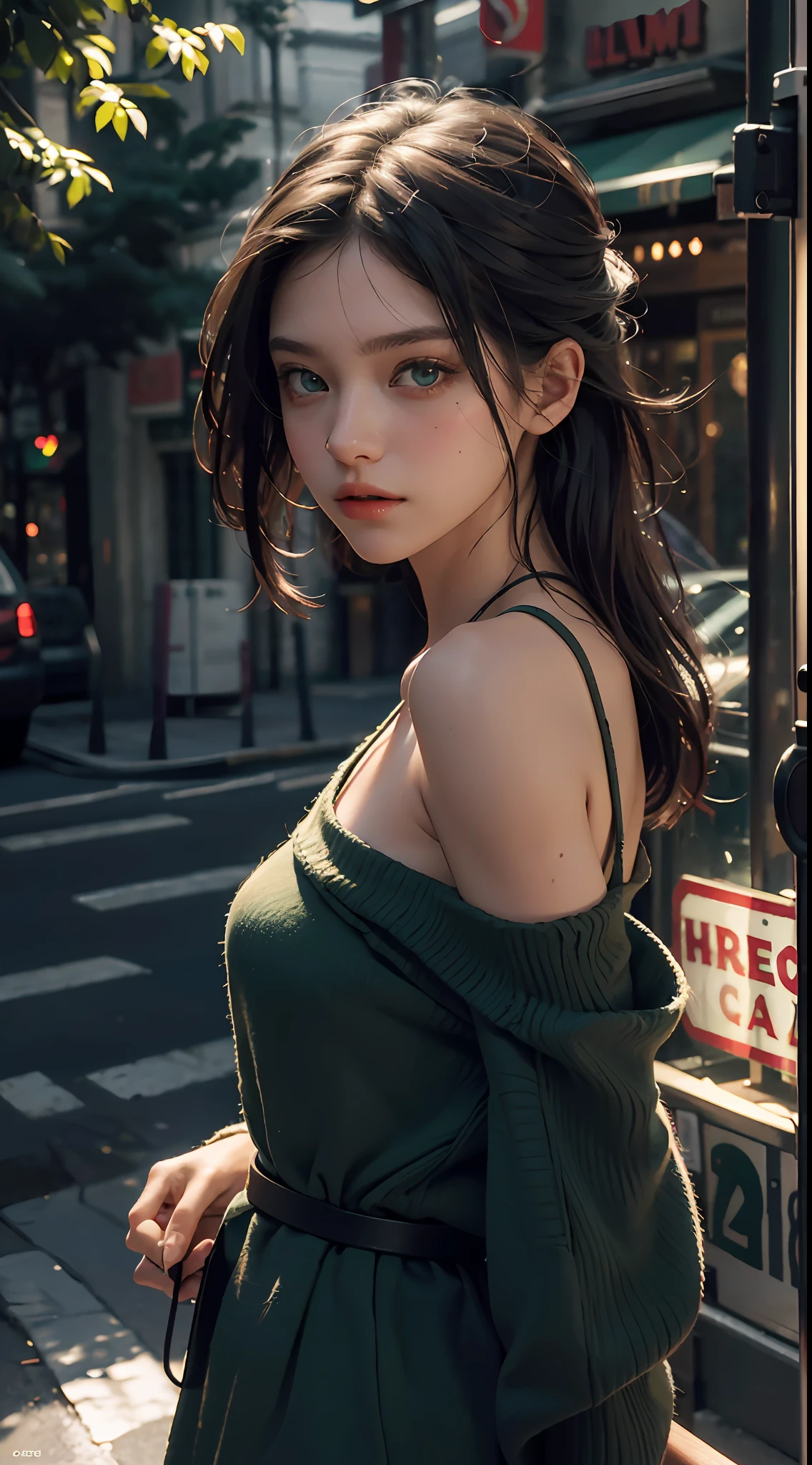 Best Quality, Masterpiece, Ultra High Resolution, (Realisticity: 1.4), Original Photo, 1Girl, Green Eyes, Off-the-Shoulders, Cinematic Lighting