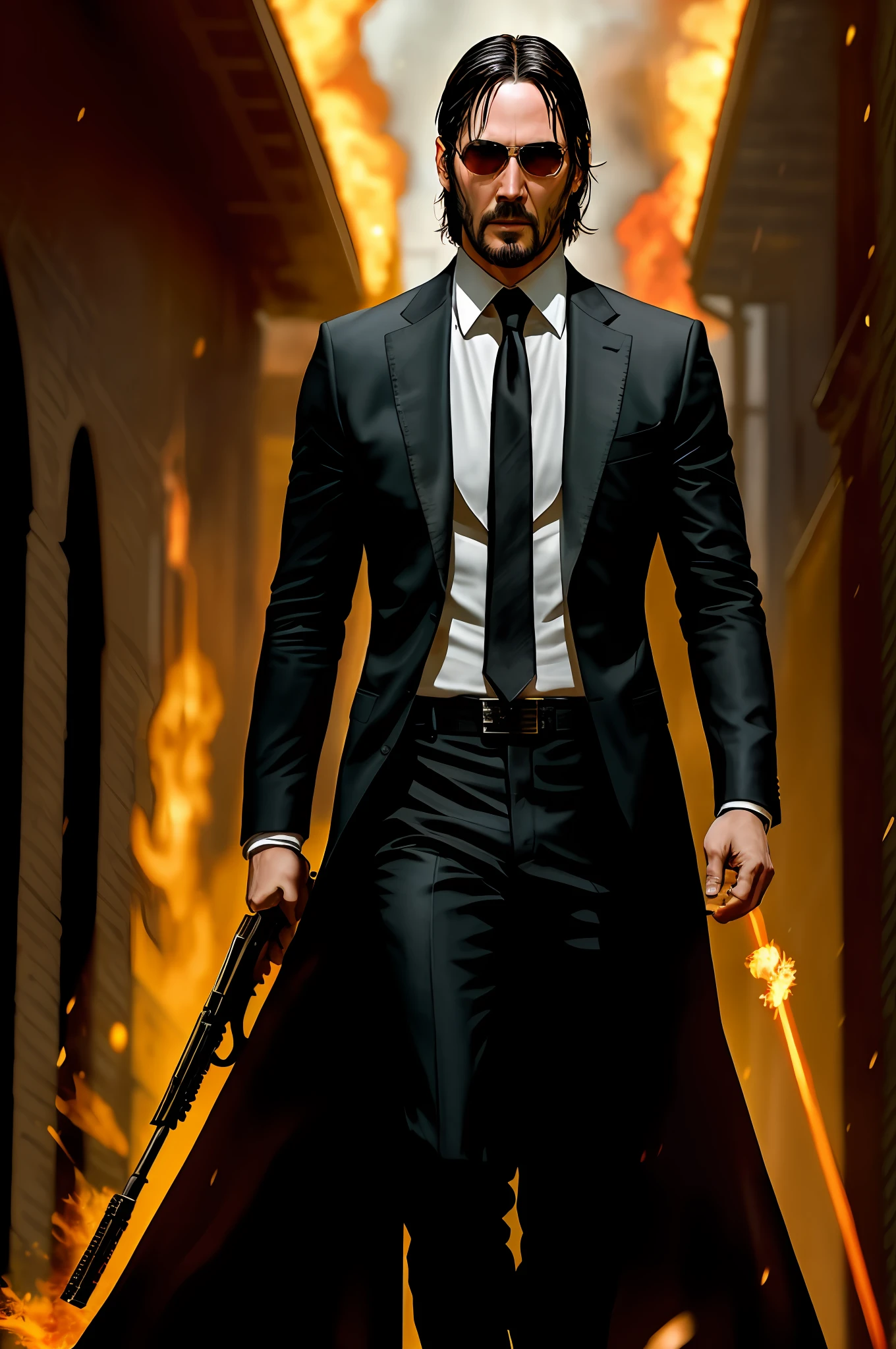 A spectacular photograph depicts John Wick as a magician, roaming the street amid explosions and flames. He holds a gun in one hand, wearing a black wizard's shirt adorned with gold accents and a black robe. Sunglasses adorn his face, while fireballs float around him. The high fantasy setting is filled with explosions and flames, providing a perfect composition. This artwork, available in HD resolutions on DeviantArt and ArtStation, is award-winning concept art, with John Wick's face and body richly detailed. The photography is stunning, capturing even the smallest details of the hands and face, with a backlight that enhances its appearance. With an ultra-realistic 12k quality and traced rays, John Wick's intense gaze is directed at the viewer, providing a cinematic feel.