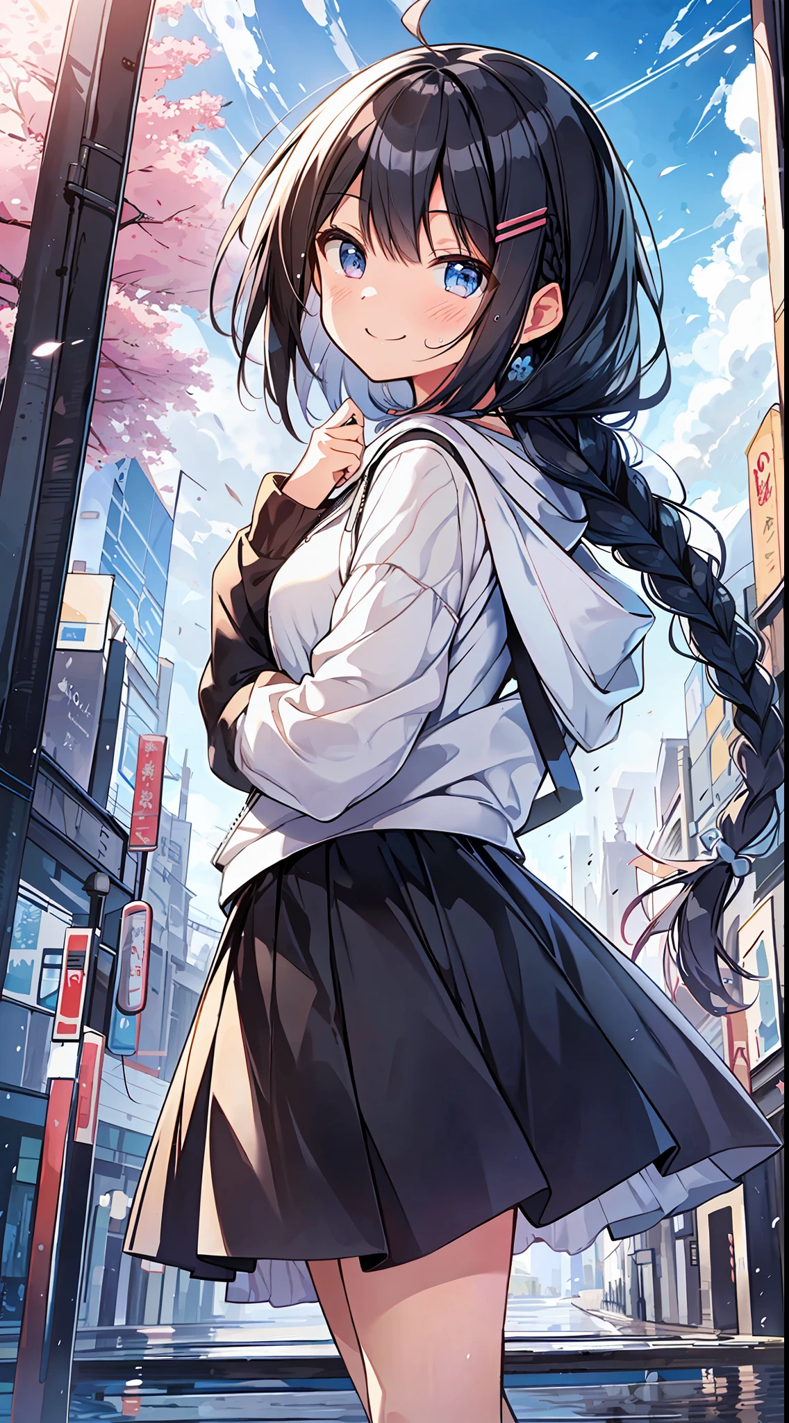 Top Quality, Masterpiece, Ultra High Definition, 8K, Summer Sky, Early Summer, (flared skirt, hoodie with thin hood, sneakers), Shojo Manga Style , One, Soft Line Art, Digital Enhancement, Shojo Manga Touch, Shojo Manga Core, Flowing Fabric, Close Up, (Hair length and short braid to the shoulders)), wet hair, Soft drawing, Beautiful black hair, Clear eyes, (( Teasing smile)), ultra-detailed digital anime art, clear face depiction, ultra-detailed shoujo manga character art, clear facial features, ultra-detailed manga style, top quality colors, hand gestures, landscape with nature, looking up at the sky, angle that can be seen up to the feet