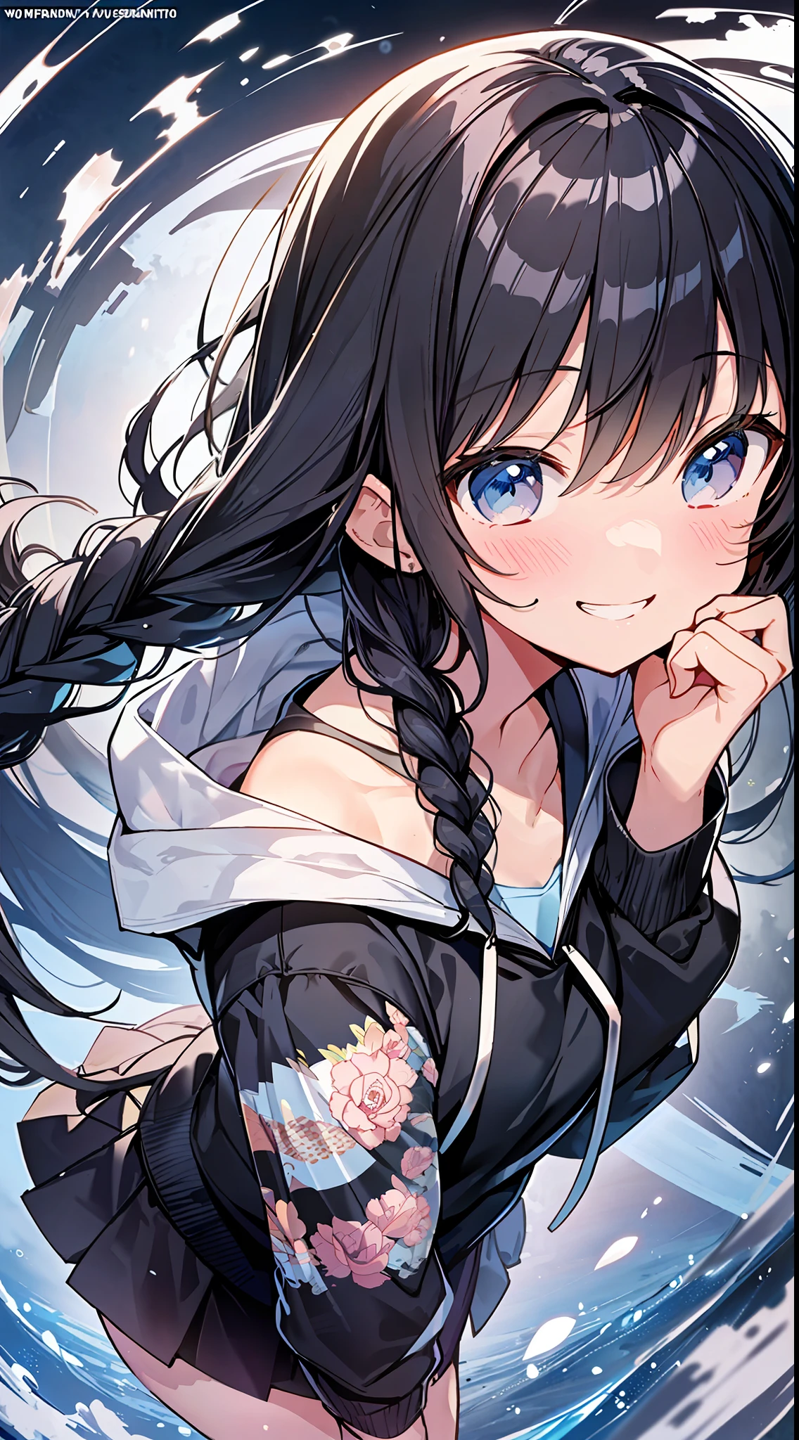 Top Quality, Masterpiece, Ultra High Definition, 8K, Summer Sky, Early Summer, (flared skirt, hoodie with thin hood, sneakers), Shojo Manga Style , One, Soft Line Art, Digital Enhancement, Shojo Manga Touch, Shojo Manga Core, Flowing Fabric, Close Up, (Hair length and short braid to the shoulders)), wet hair, Soft drawing, Beautiful black hair, Clear eyes, (( Teasing smile)), ultra-detailed digital anime art, clear face depiction, ultra-detailed shoujo manga character art, clear facial features, ultra-detailed manga style, top quality colors, hand gestures, landscape with nature, looking up at the sky, angle that can be seen up to the feet