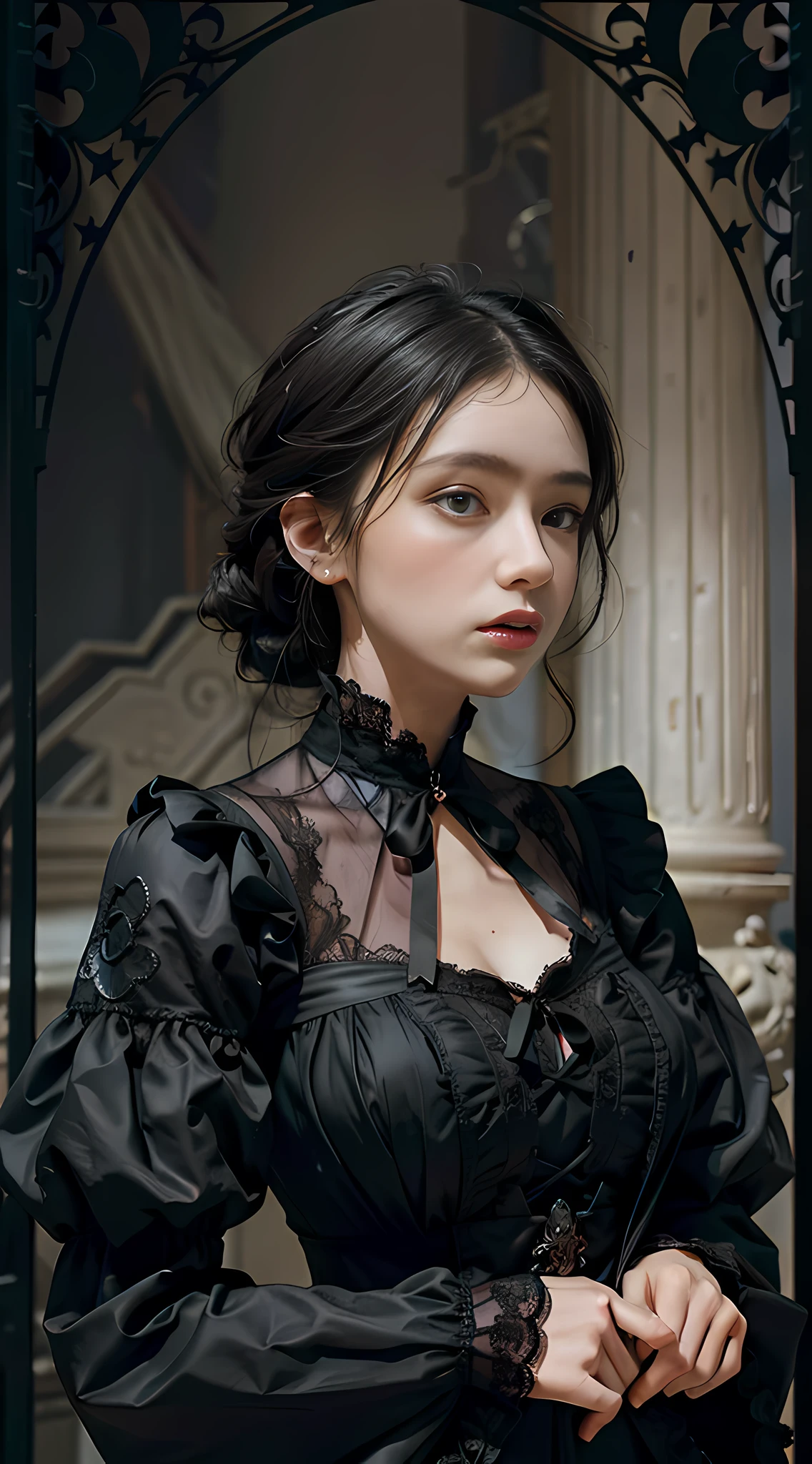 Official Art, Unity 8k wallpaper, ultra-detailed, beautiful, beautiful, masterpiece, best quality, dark, atmospheric, mystical, romantic, creepy, literature, art, fashion, victorian, decoration, intricate, ironwork, lace, contemplative, emotional depth, supernatural, 1 girl, solo, neck, bust composition