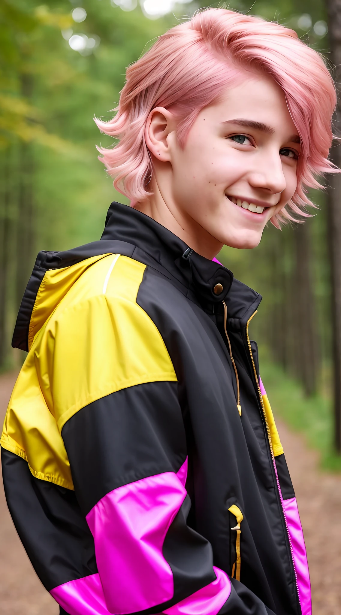Arafed man with a yellow jacket and a gold necklace, about 16 years, 17 years, 1 6 years, profile picture, tommy 1 6 years, 16 - year - boy skinny face, headshot profile picture, profile picture, he is about , he is about 15 years oldir: 1.5)), ((smiling: 1.9)), ((sharp blue eye: 1.9)), ((short hair: 1.9)), ((low quality)), ((front photo)), ((nature background)), ((wearing black jacket)), ((with hand on face: 1.9)),