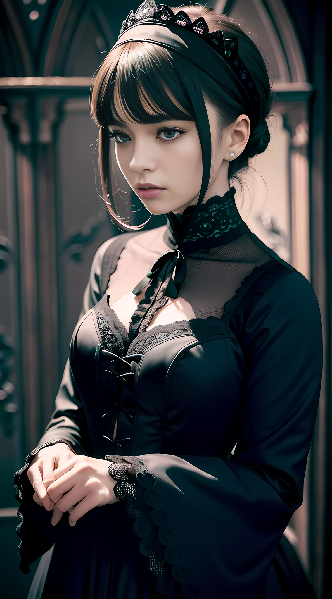 Official Art, Unity 8k wallpaper, ultra-detailed, beautiful, beautiful, masterpiece, best quality, dark, atmospheric, mystical, romantic, creepy, literature, art, fashion, victorian, decoration, intricate, ironwork, lace, contemplative, emotional depth, supernatural, 1 girl, solo, neck, bust composition