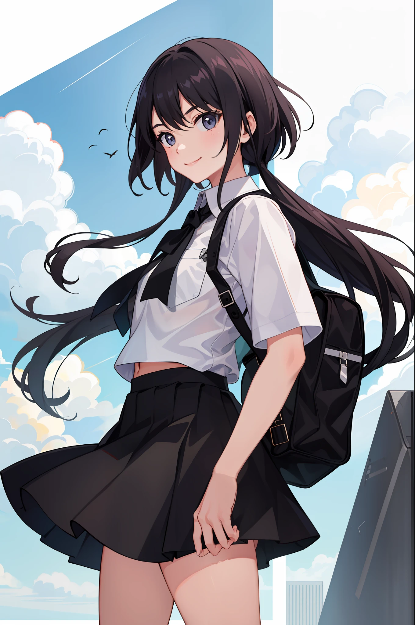 1 girl, smile, shirt, skirt, (small) chiralism,