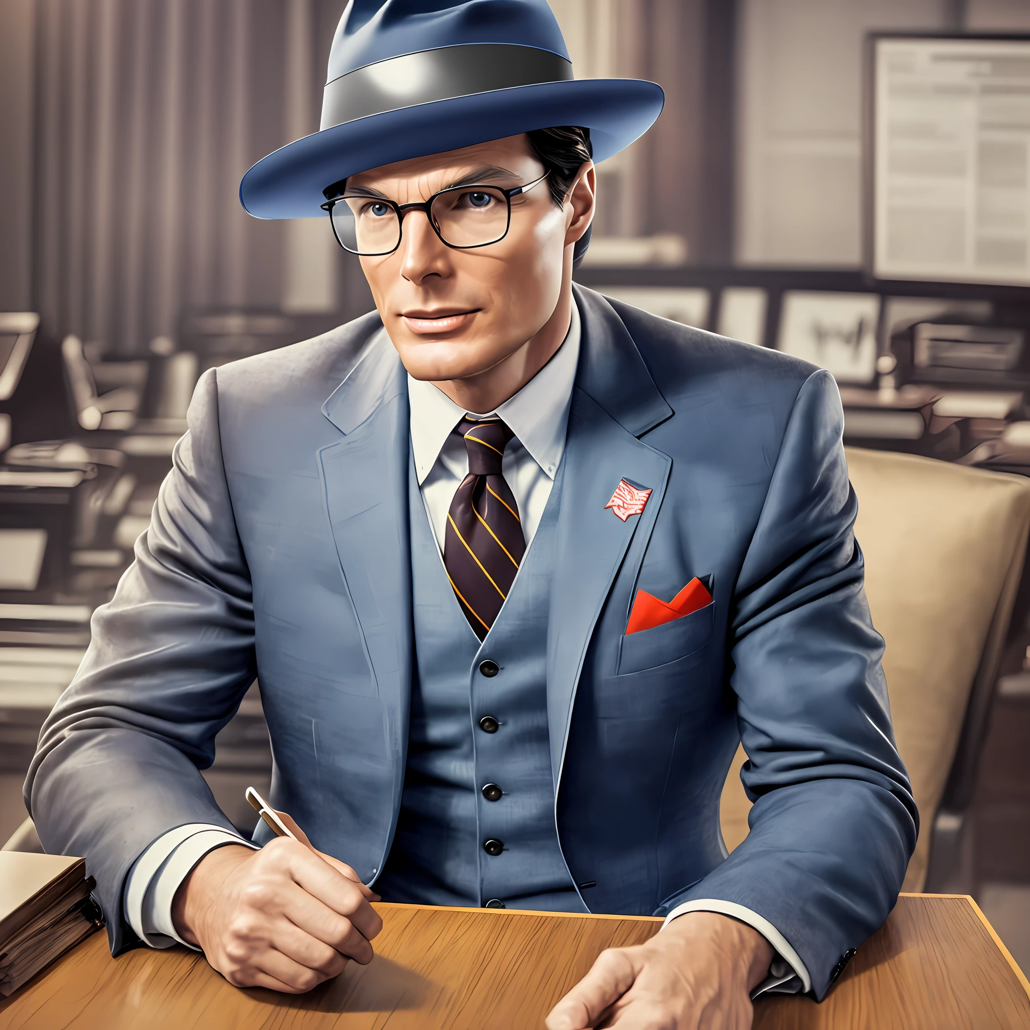 Clark Kent holding and talking on cell phone ((in glasses and dress hat, Christopher Reeve style)), office environment, extremely detailed, digital art, hyper realistic, retro 1950s movie scene colorized, HD, 32k --auto --s2