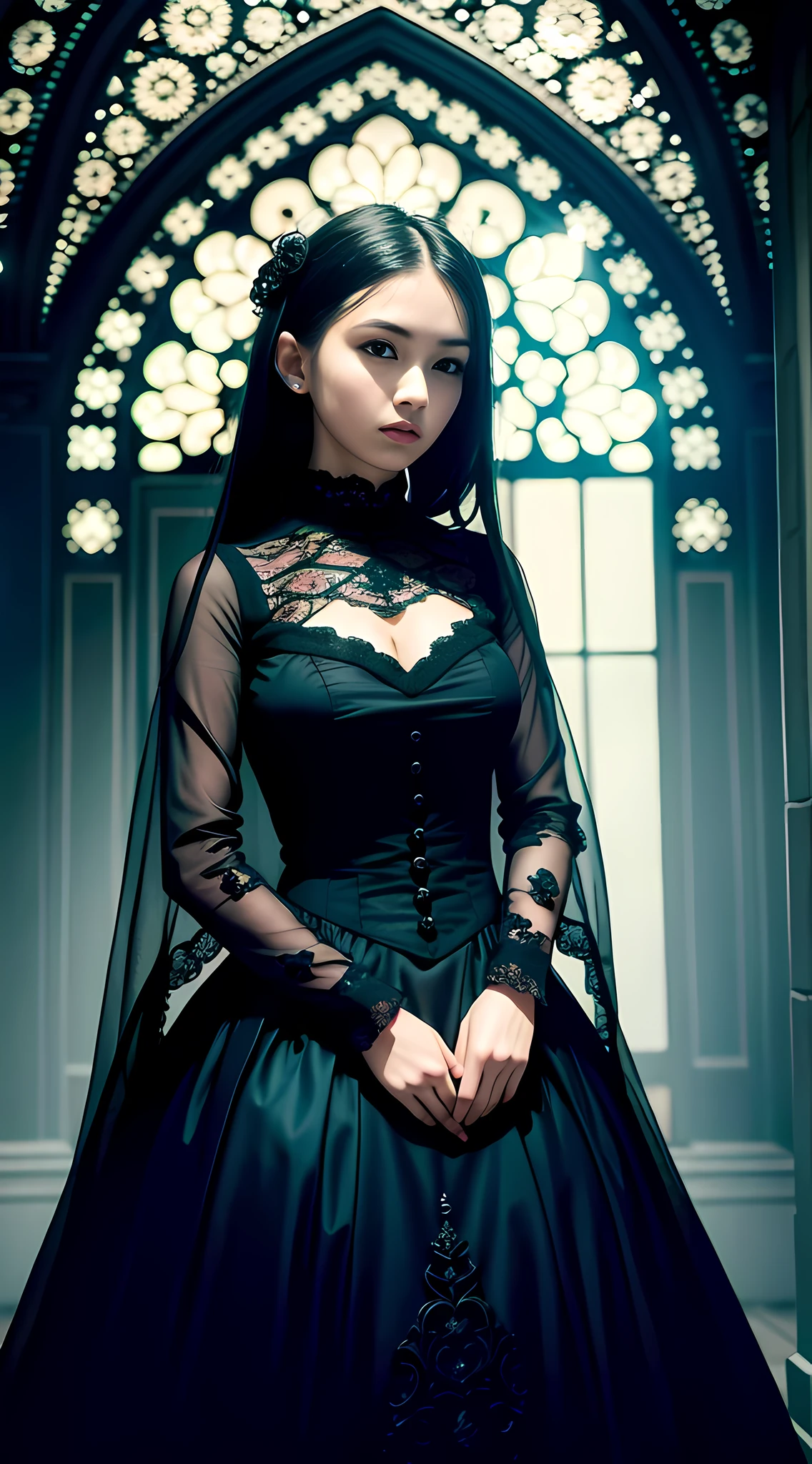 Official Art, Unity 8k wallpaper, ultra-detailed, beautiful, beautiful, masterpiece, best quality, dark, atmospheric, mystical, romantic, creepy, literature, art, fashion, victorian, decoration, intricate, ironwork, lace, contemplative, emotional depth, supernatural, 1 girl, solo, neck, bust composition