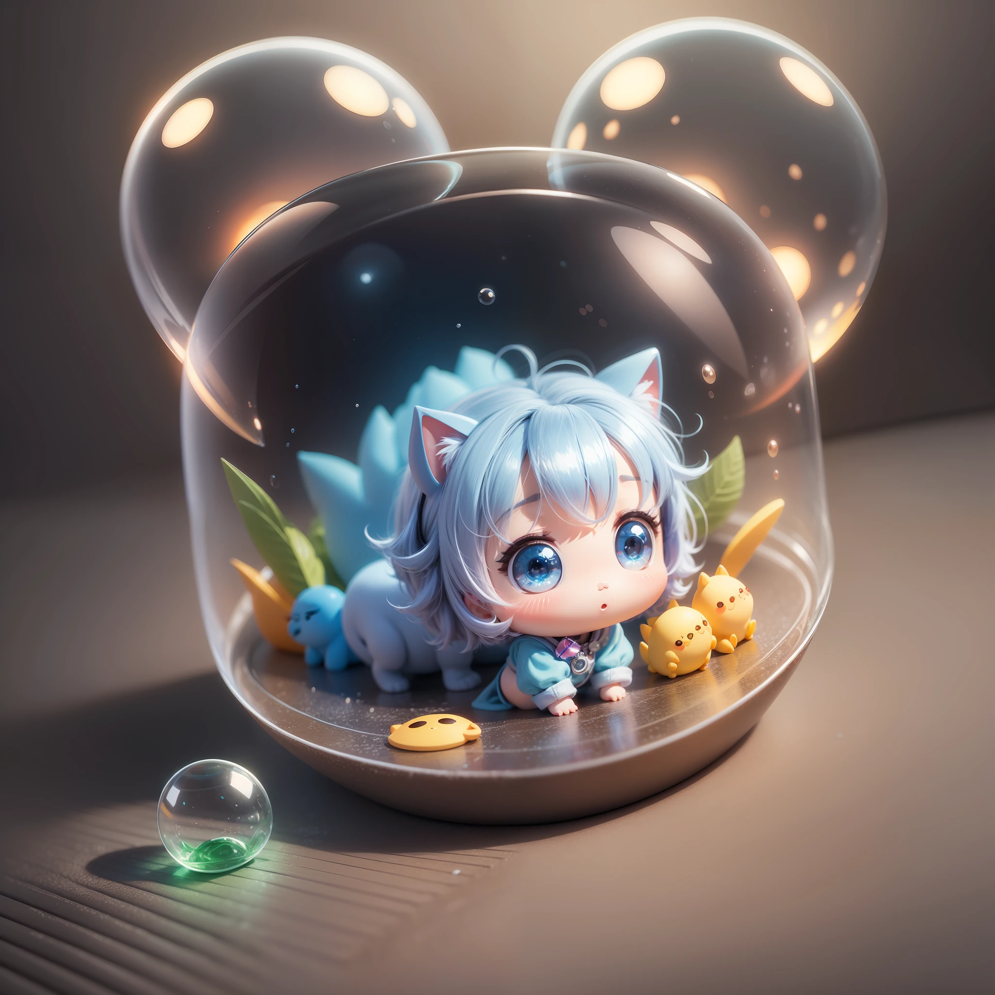 Super cute little animal in glass bottle, full body 3d drawing, 1 cute, happy, c4d, pop matt blind box, glowing bubble, toy, solid color background, chibi, fluorescent translucency, luminescence, kawaii, little monster, reference table, pop mart blind box, pixar, complex details, 3d rendering, blender, oc renderer, fol body reference sheet, dribble, high details, 8k, Studio lighting, loli, petite, child, chibi, standard definition characters: 1.1, magic space warehouse background