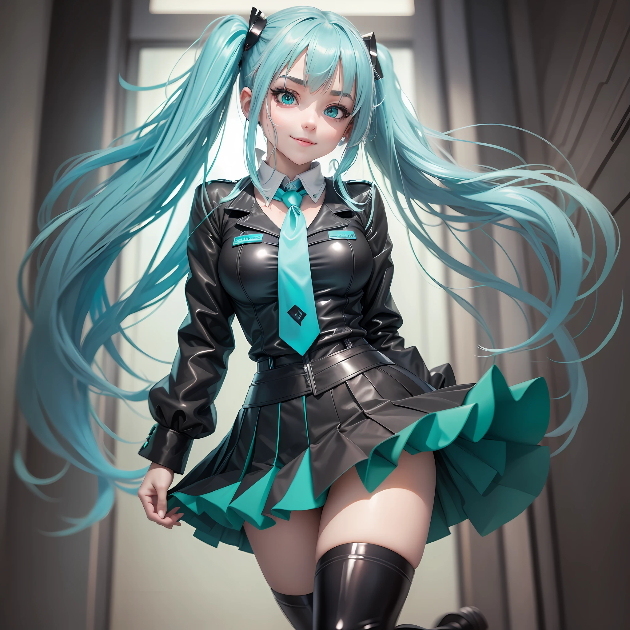 female hands, young girl, short skirt, light blue hair, bangs, twintails, long hair, green eyes, surprise, black skirt, dark grey blouse, green tie, miku hatsune, dilated pupils, latex boots, cinematic lighting, smile, closed mouth, green details on clothing, artwork, best quality --auto --s2