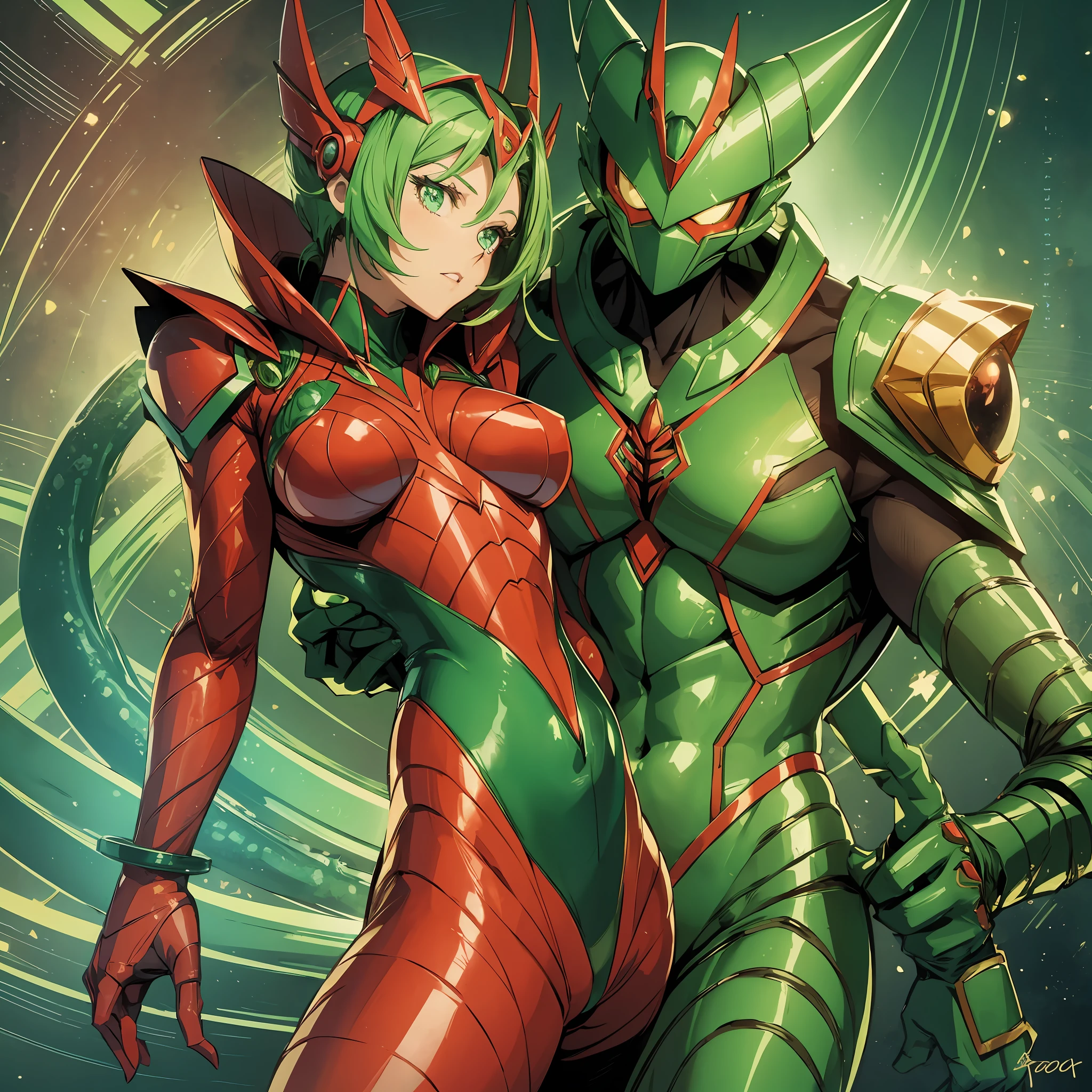 Cartoon photo of woman in green and red costume, hot insect humanoid woman, Guyver style, SFW version, scaraber reploid, tail, cel shade adult animation, alien queen, serpentine pose, --auto --s2