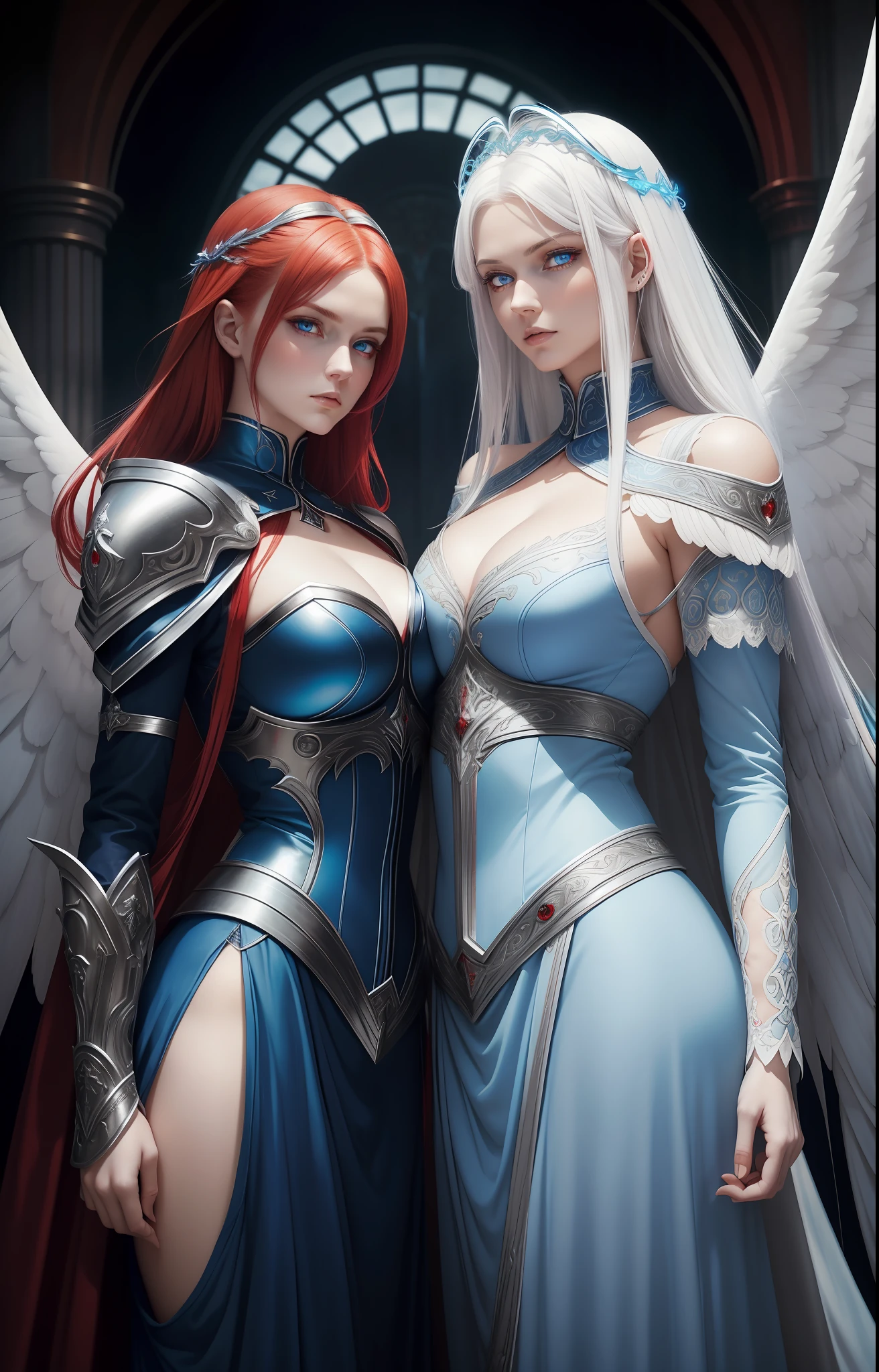 Two women in the photo. An angel woman (white hair, blue eyes, halo, blue aura all over her body, angelic wings, blue clothes) next to a demon woman (Red hair, red eyes, cyphers, intimidating look, red aura, red clothing). Sexy clothes, Sensual pose. Renaissance art.