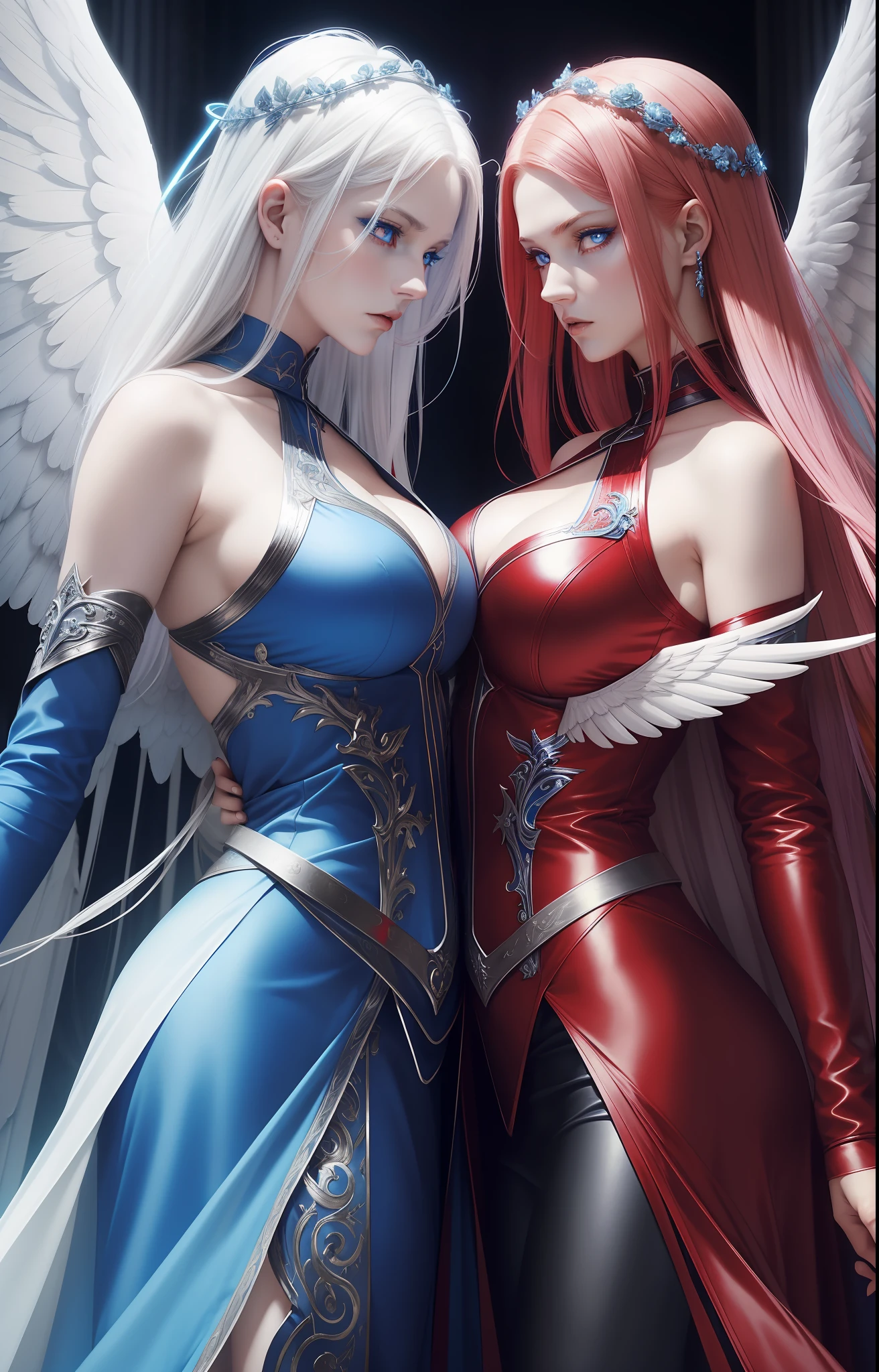 Two women in the photo. An angel woman (white hair, blue eyes, halo, blue aura all over her body, angelic wings, blue clothes) next to a demon woman (Red hair, red eyes, cyphers, intimidating look, red aura, red clothing). Sexy clothes, Sensual pose. Renaissance art.