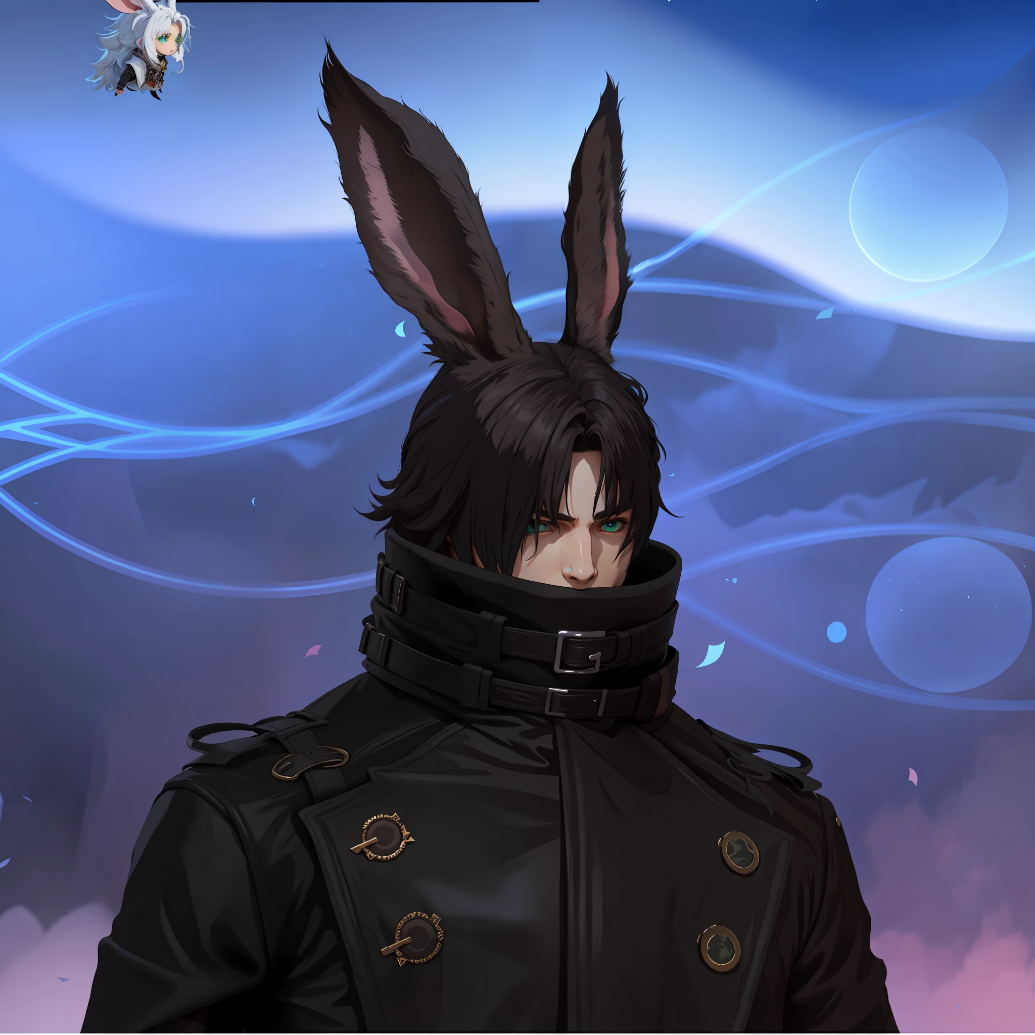 there is a man with a bunny ear and a blakc leather coat, belts on the collar, long collar, collar covering jaw, collar up to the nose, bunny ears, with big rabbit ears, drooping rabbity ears, bunny head, long rabbit ears, rabbit ears, with bunny ears, with long floppy rabbit ears, pale pointed ears, rabbit face only, green eyes, thancred hair, final fantasy , no human ears, young relaxed face, relaxed eyebrowns, chhair covering ears, hair covering side of the head, ignore background,