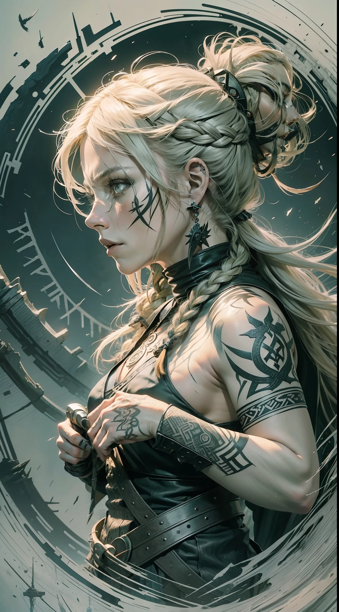 a viking age woman with viking tattoos,charcoal eye tattoo,anger expression,holding shield with viking runes,big black nails,blonde,braided and messy flowing hair,bruised and scratched body,side view,profile vision,velka,assassins creed valhalla,ragnarok,vikings,black body behind,nordic,valhalla,nordic runes,hand drawn, Illustration,Art Nouveau,Tarot Cards