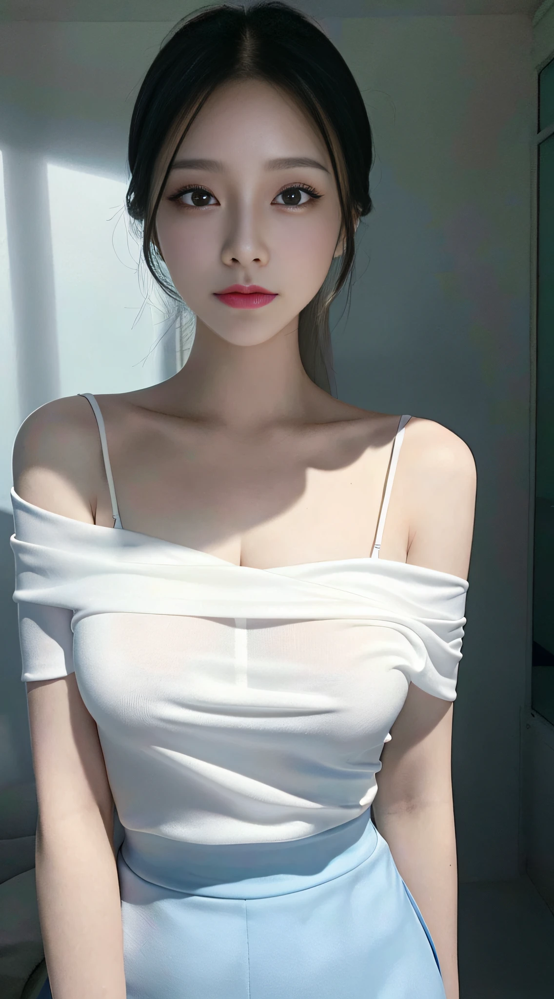 Ultra detail, high resolution, (realistic, realistic:1.4), 8k, (best quality), physical-based rendering, realistic photography, professional color grading, highest quality, delicate and sexy collarbone, attractive oval face, double eyelids, smart peach blossom eyes, pink lips, small nose, bare shoulders, focus on face, face close-up, ultra high-definition, very detailed, full-body photo, ultra-thin and light transmitted, white off-the-shoulder shirt perfectly reflects the light blue slit skirt.