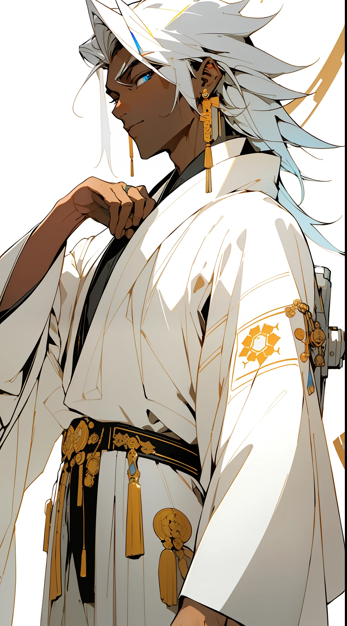(Masterpiece, Top Quality, Best Quality), ((Cyberpunk Style, Robotic Arm, Hololo, Surreal Science Fiction Art, Futuristic Science Fiction Aesthetics)), (1 Boy Solo), Close-up, (Resolute Eyes), (Ancient Chinese Clothes, White Robe, Embroidered Collar Uesugi, White Big Sleeve Shirt, Streamers), (Hairpins, Long Black Hair, Weapons), (Hanfu), (Clear Facial Features, Detailed Skin Texture, Handsome Face), White Background, Earrings, Dark Skin, Standing, (((flat color))),