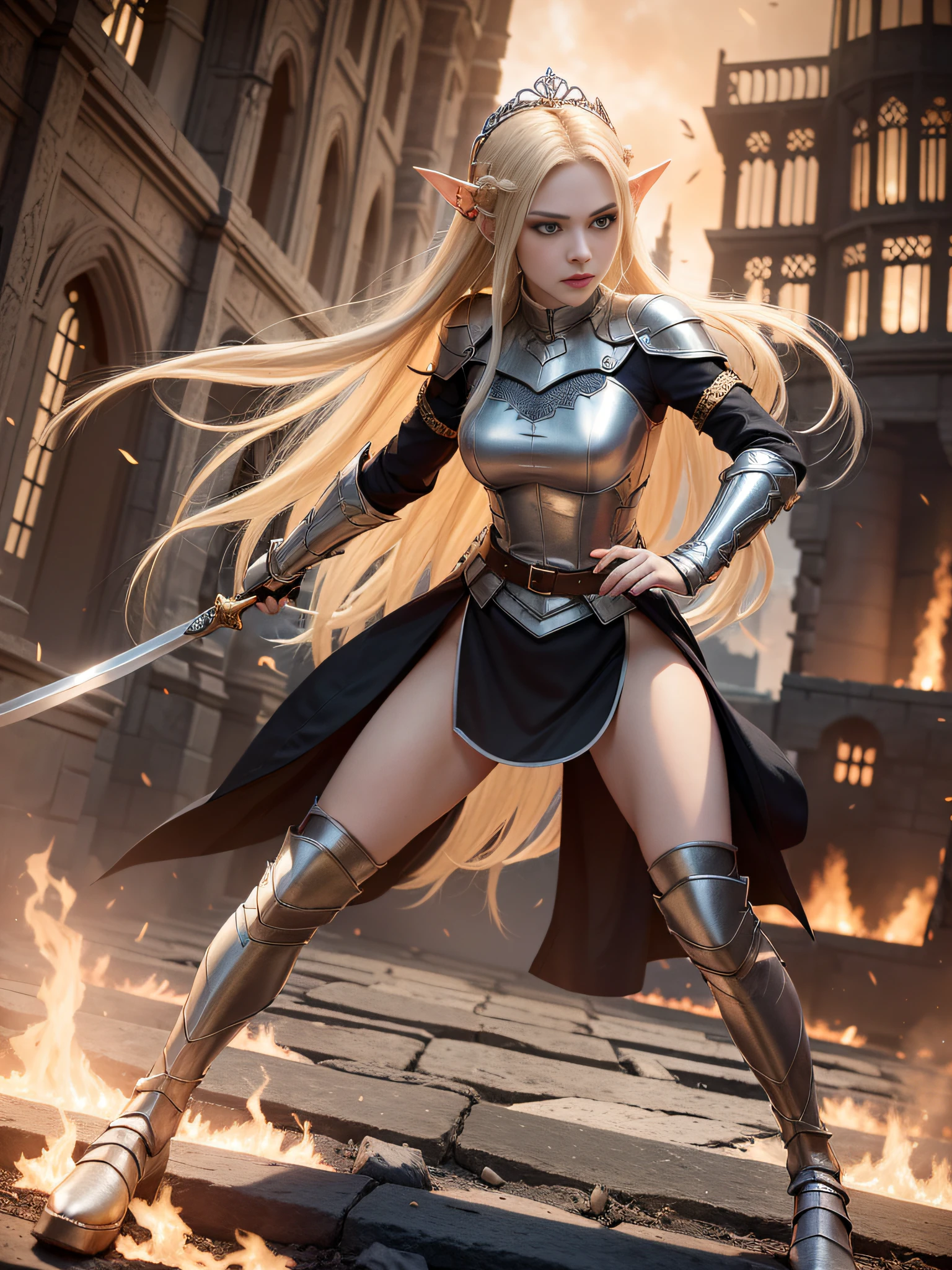 Best quality, highly detailed, masterpiece, ultra-detailed, (realism: 1.2), 1 girl with a sword, slim, fighting stance, (very dark night: 1.5), battlefield, (burning castle ruins: 1.5), gold pattern, flame, delicate eyes, fantasy, (medieval: 1.7), silver hair, red eyes, hair_ornament, (white off-the-shoulder shirt: 1.3), elf long ears, crown braids, straight hair, (full body: 1.5), wearing plate armorfireball