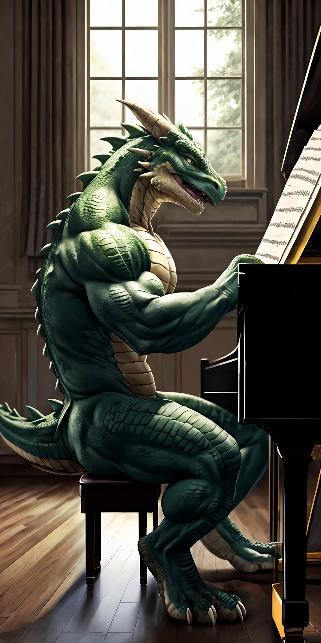 Top Quality, High-quality illustrations by Michelangelo(Anthro: 1.7)furry explicit((kobold))high res(detailed eyes expressive eyes)insane details(cinematic lighting)lizard man kemono((lizard man play the piano, staring Musical score))(piano:1.2)((lizard Facial Features, lizard Body Features))(Dense and Detailed Muscles))(hyper realistic scales:1.3)(detailed scales:1.2)(scale covered body)(kobold face)(kobold features)(expressive face, detailed face)(serious expression, downcast expression)from side, piano stool, indoors, window,