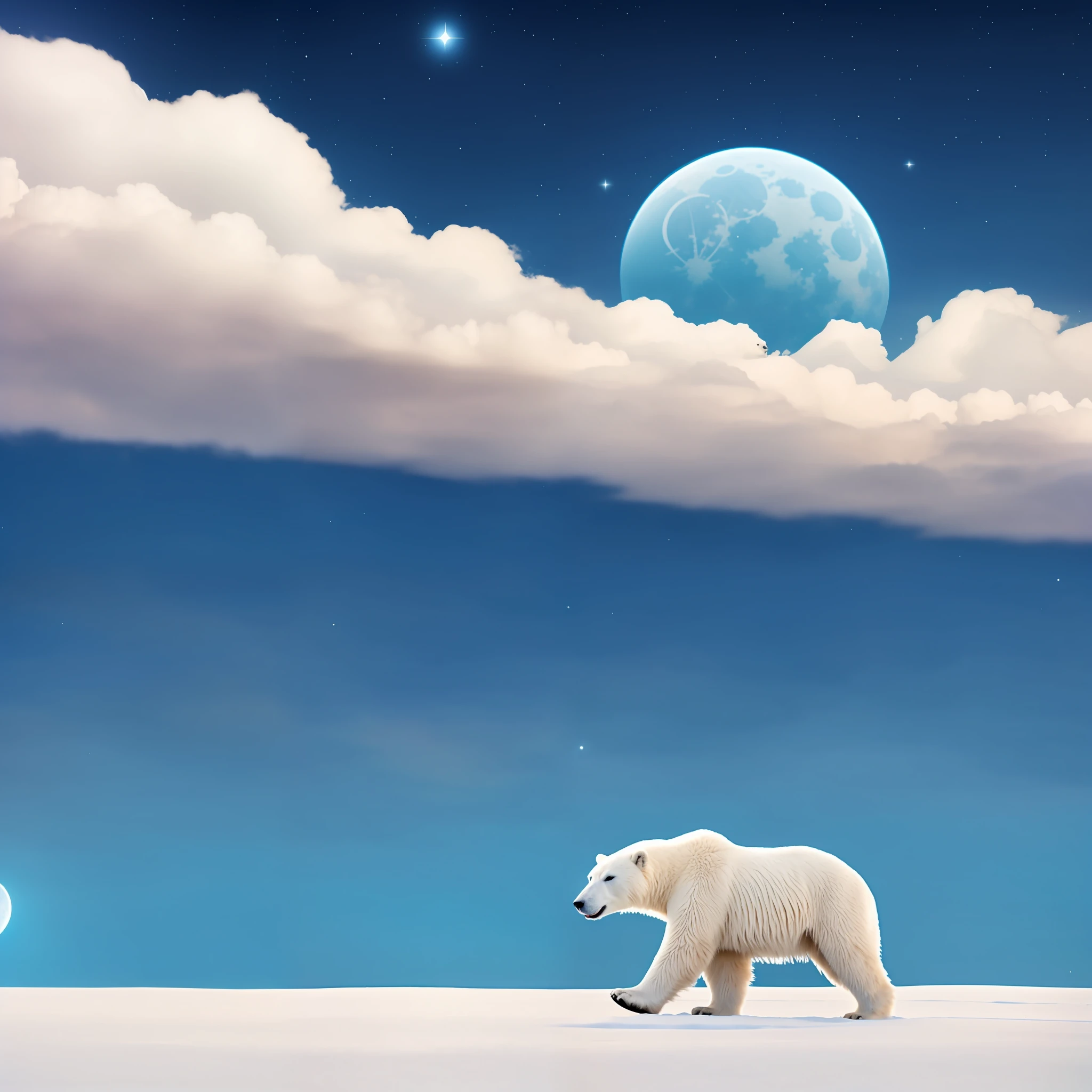 There is a polar bear walking on the snow with a basketball on its back. The background is a blue full moon and starry sky somewhat obscured by white clouds, calm night.