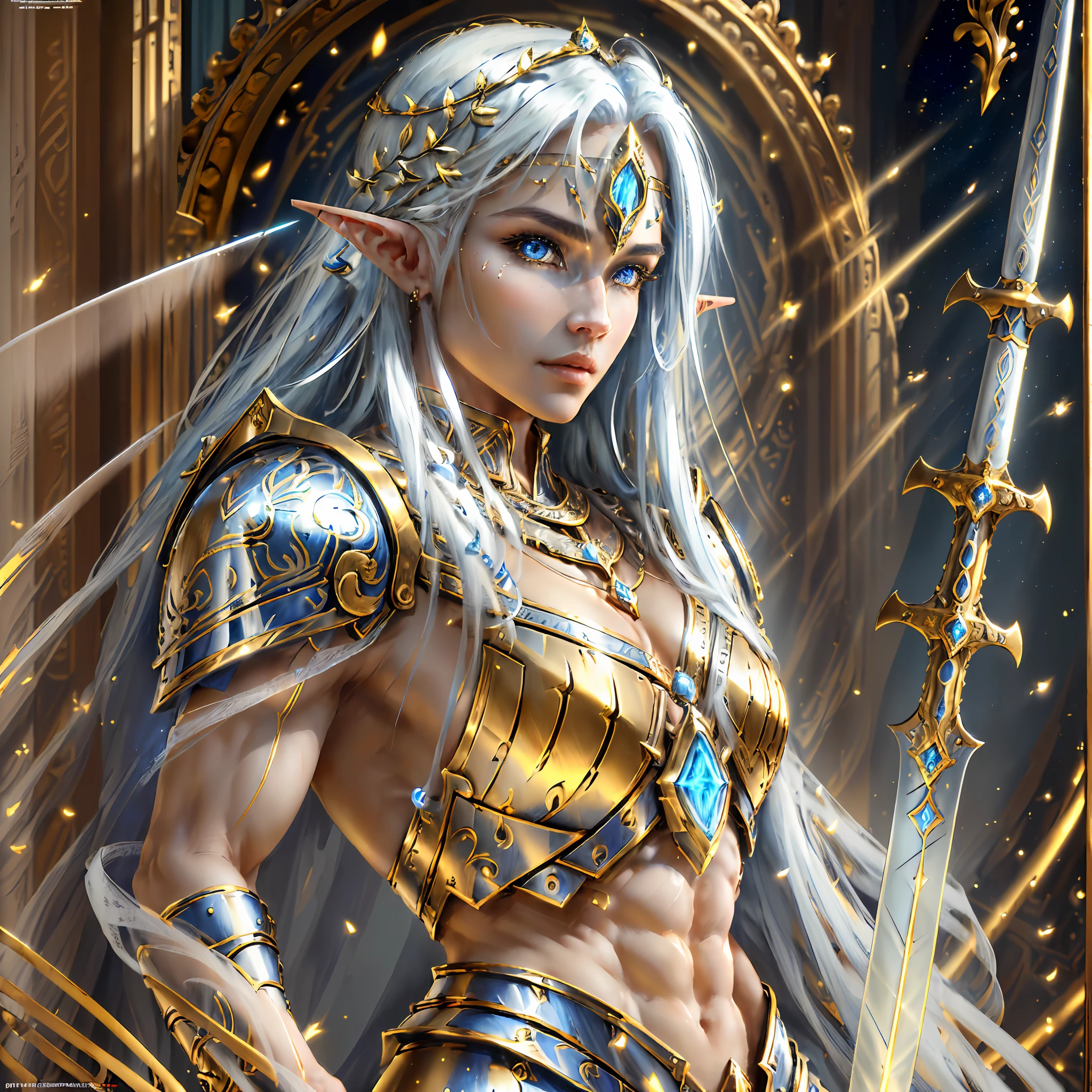 (Masterpiece, best quality, high quality, highres: 1.4), detailed, extremely detailed, soft ambient lighting, 4K, ornate, interior, (Renaissance, Vintage: 1.4), ((ultra-detailed), (illustration), (detailed lighting), (detailed shadow), beautiful detailed eyes, detailed skin, a person, male focus, a manly, muscular, young, strong and beautiful elf with blue pupils, white hair, a confident expression, a look from superior to the front, wearing beautiful white armor with golden patterns all over the armor, exuding light golden glow, holding a magic sword, a paladin of justice