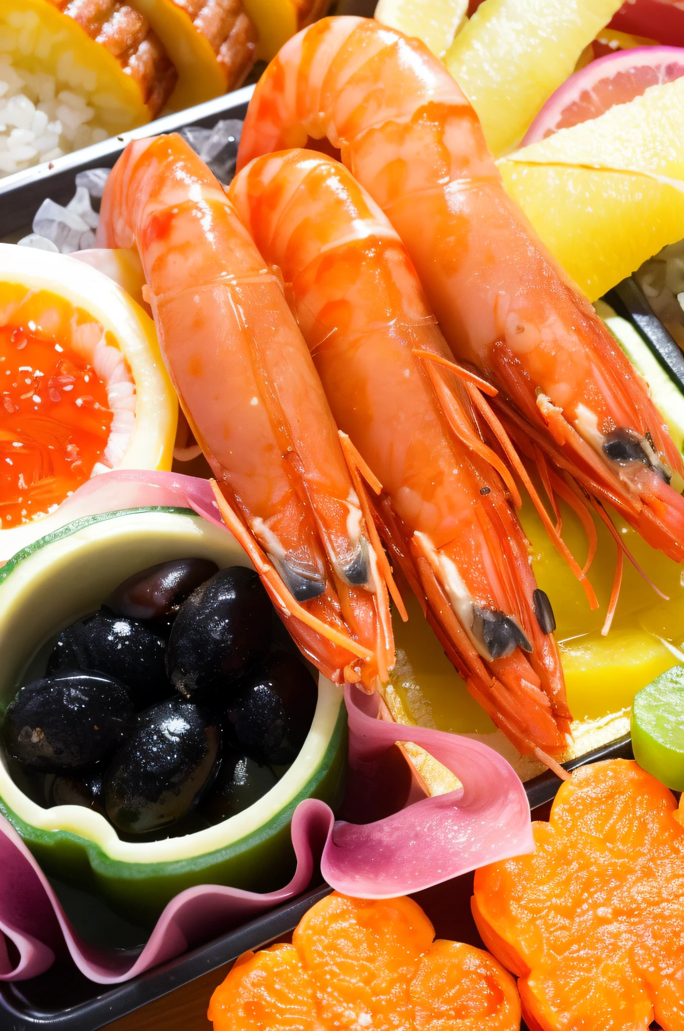 There are different kinds of food in the osechi, osechi dishes, trays, there are ice, shrimp, very tasty, shrimp, delicious, delicious, preserved seafood in bright colors !、、beautiful images, great quality, thumbnails, detailed images, crustaceans, celebration, beautiful appearance, warm and fun atmosphere, vivid vivid colors, colorful, ❤🔥🍄🌪 great quality)