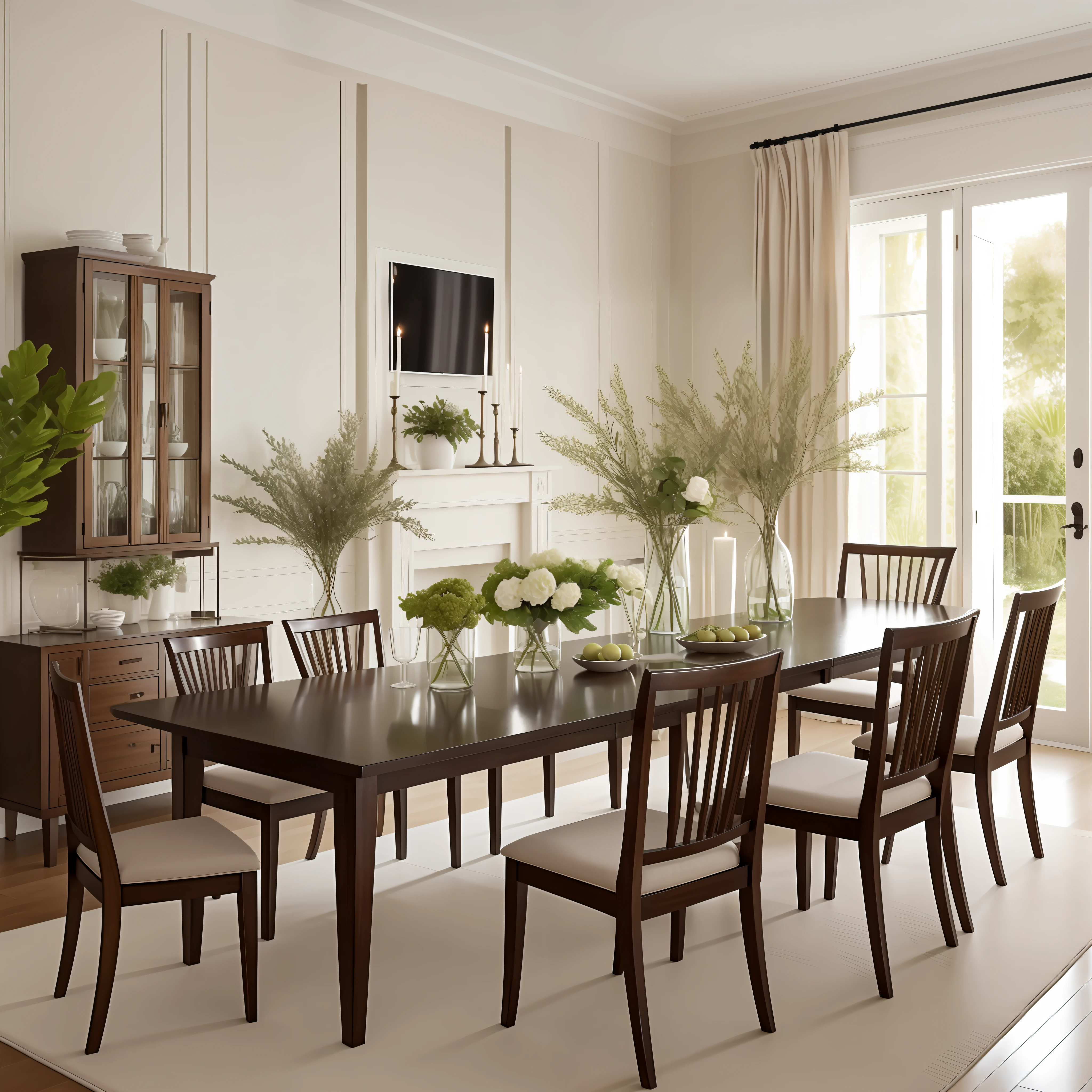 Create the image of a living room, elegant and in light tones, with plants and a dining table