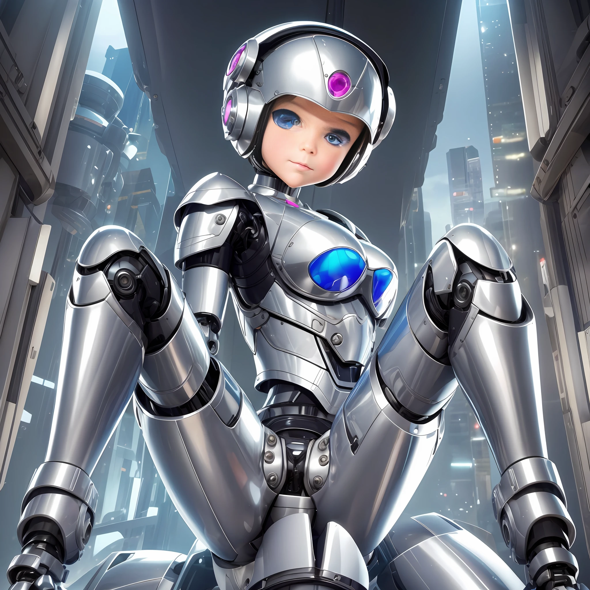 Very cute human 8 year old girl face, doll-like body with robot arms, robot waist and legs, very cute and feminine, short, petite, small, full hip, small bust, tight-fitting silver armor, cleavage, flat belly visible, helmet with antenna, robot joint, very stylish, black rubber bodysuit, masterpiece, highest quality, high-resolution, vaginal insertion --auto --s2