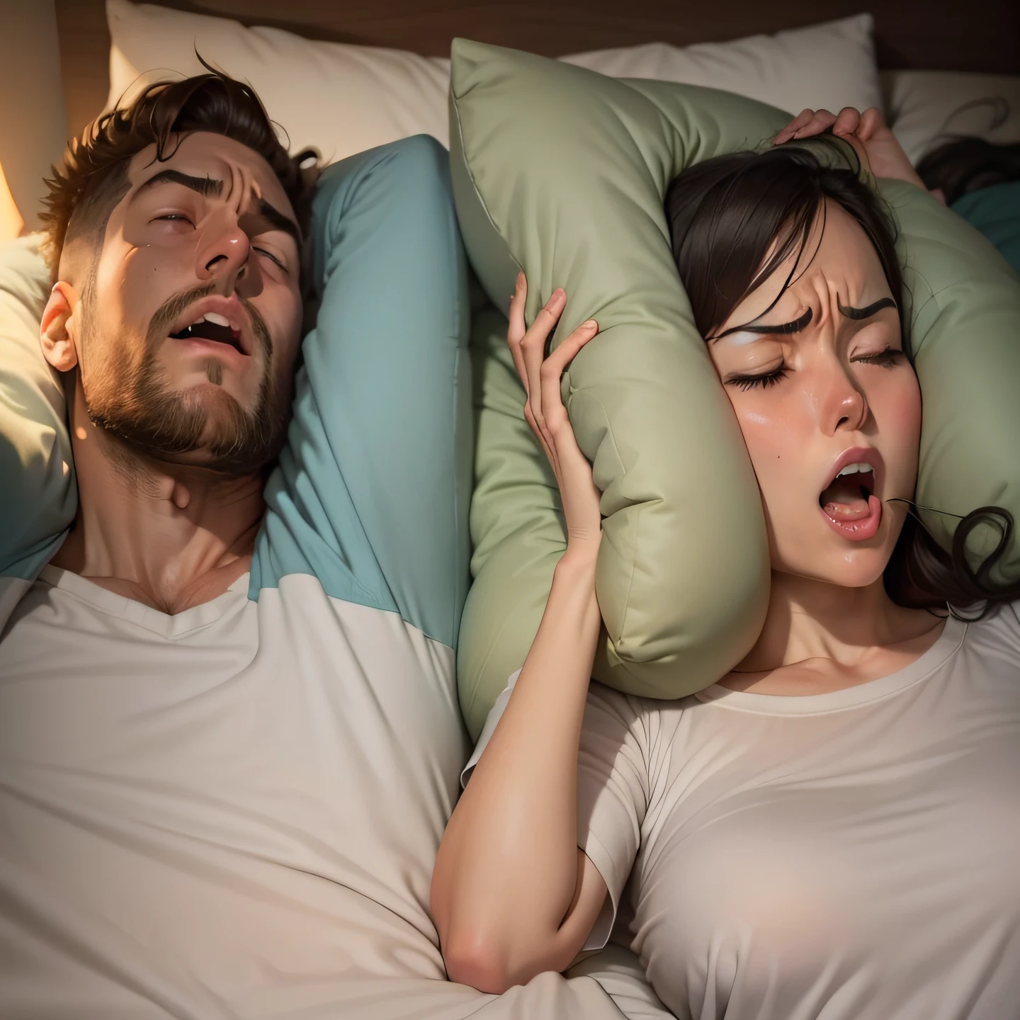 retro anime comic style, man snoring loudly while sleeping next to his stressed, angry wife. The wife, unable to stand the deafening noise, covers her ears with a pillow in a desperate attempt to find some relief. Explore the emotions and dynamics between the couple in this sleep deprivation scenario. Immerse yourself in your wife's frustration, anger, and exhaustion. --auto --s2