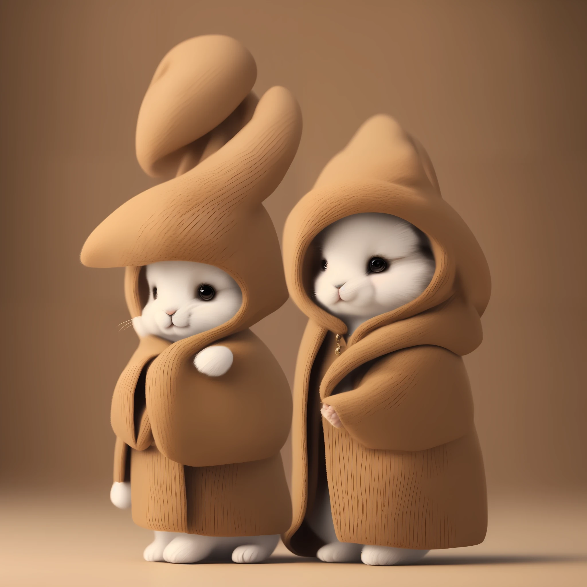 Generate a cute bunny with realistic details, 8k, best quality, masterpiece, super high resolution, one ear is bent, wearing clothes, wearing a hat, and two front paws raised