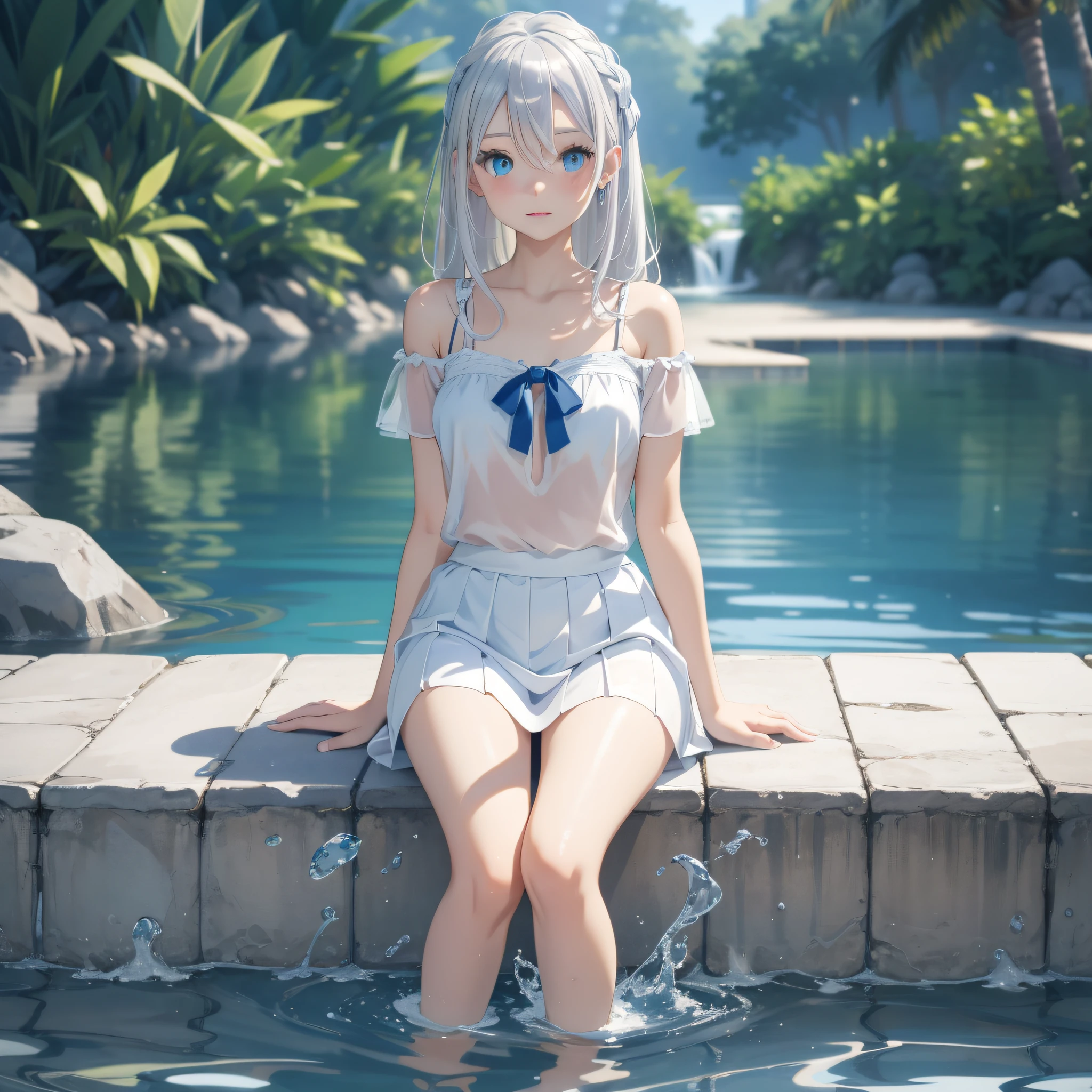 (HD illustration), the best picture quality, the best lighting effect, with blue eyes, stubasa (silver hair: 1.3+ white hair), lakeside clear pool, petite thin legs, white clean short skirt, splashing water, fresh face, pure and cute