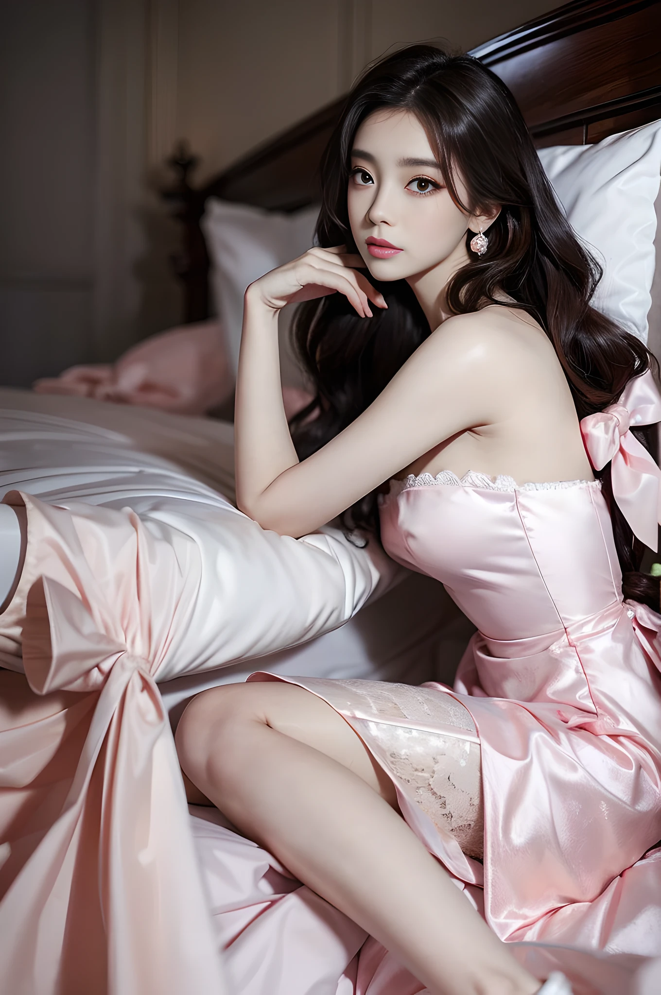 ((Realistic lighting, top quality, 8K, Masterpiece: 1.3)), Clear Focus: 1.2, 1Woman, Perfect Beauty: 1.4, Yushuxin, 1Girl, Dress, Solo, Brunette, Jewelry, Long Hair, Earrings, Bow, Pink Dress, Wood, Nature, Outdoor, Bare Shoulder, Airless Gainsboro, Long Dress, Hair Bow, Forest, Pink Bow,Strapless, Standing, Necklace, Head Tilt, Chapped Lips, Wavy Hair, Strapless Dress,Lace Sleeves, cetin dress,close-up woman in pink dress posing for photo,beautiful virgin,beautiful korean woman, beautiful princess, cute elegant pose, bell delphine, wearing pink dress, beautiful fantasy maiden, anime princess, beautiful seductive anime woman,beautiful asian girl, attractive anime girl, elegant glamorous cosplay,(lying on bed:1.8),(beautiful orb-articulated doll:1.3),luxurious princess dress