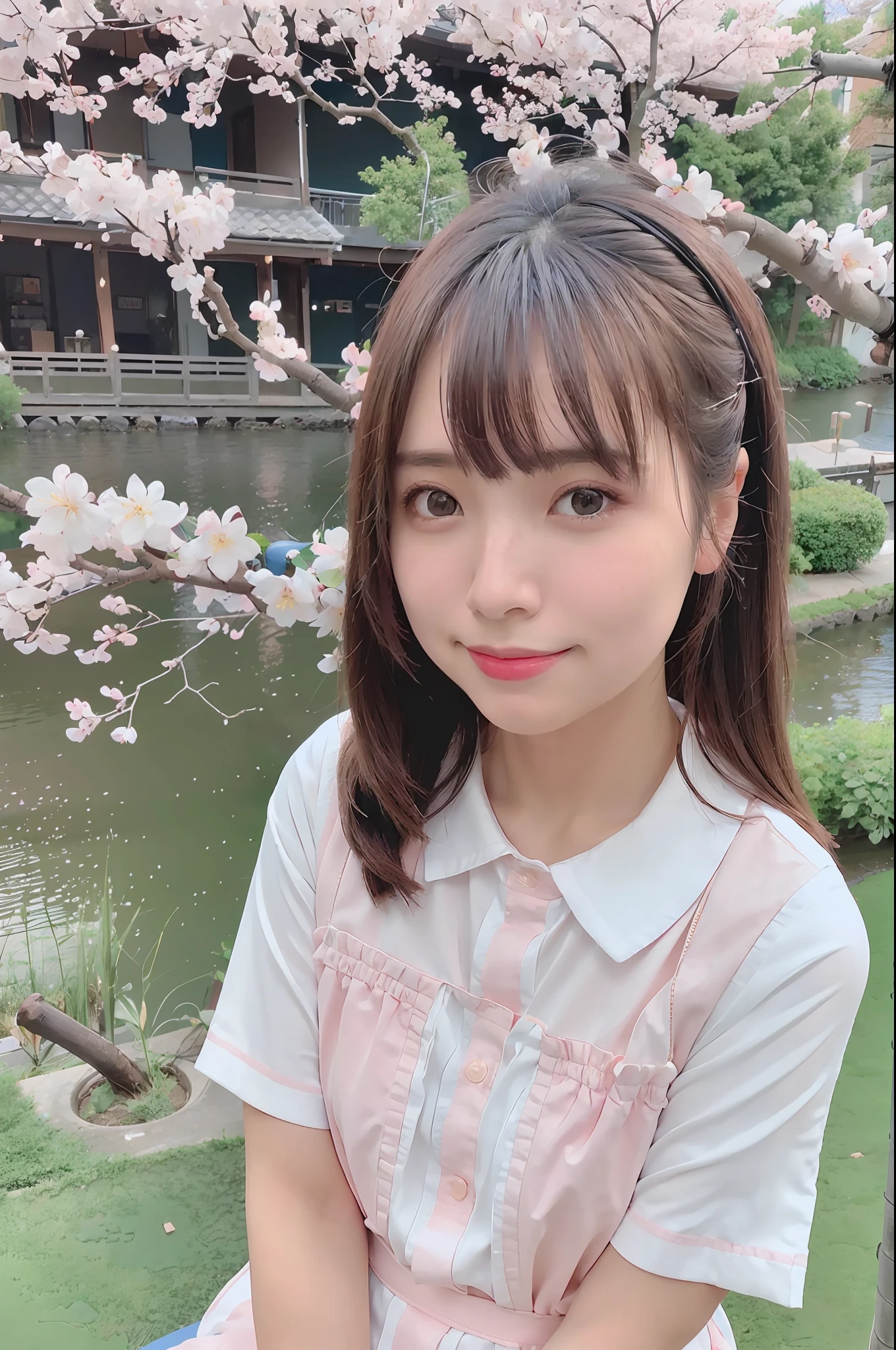 best quality, ultra high res, (photorealistic:1.4),blush,cute,(detailed face),light smile, 
looking at viewer,
upper body, japanese clothes, 
sunny,river,(cherry blossoms),blue sky,