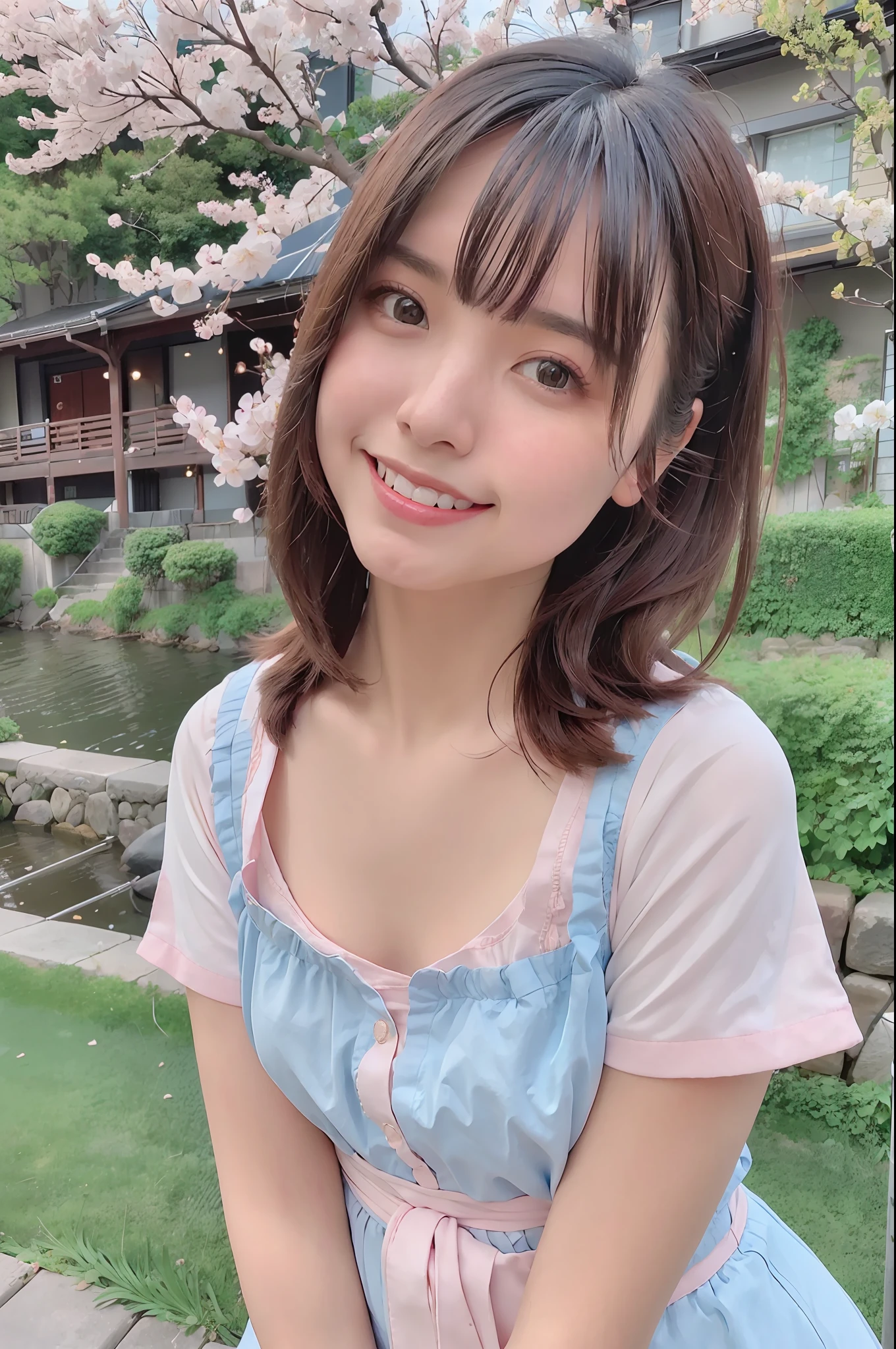 best quality, ultra high res, (photorealistic:1.4),blush,cute,(detailed face),light smile, 
looking at viewer,
upper body, japanese clothes, 
sunny,river,(cherry blossoms),blue sky,