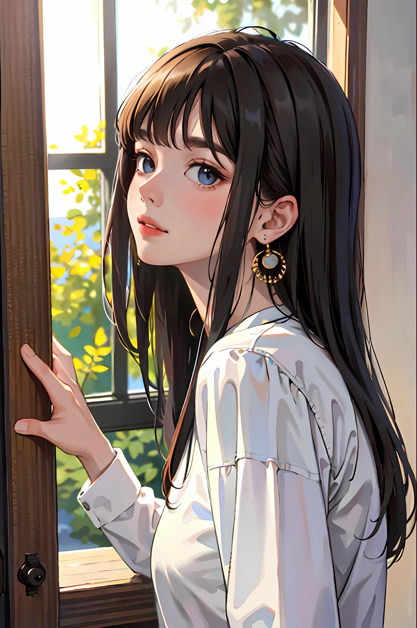 (masterpiece:1.2, best quality), (real picture, intricate details), solo, home, close-up face, shirt, (front focus), large round earrings, Looking at me, bangs