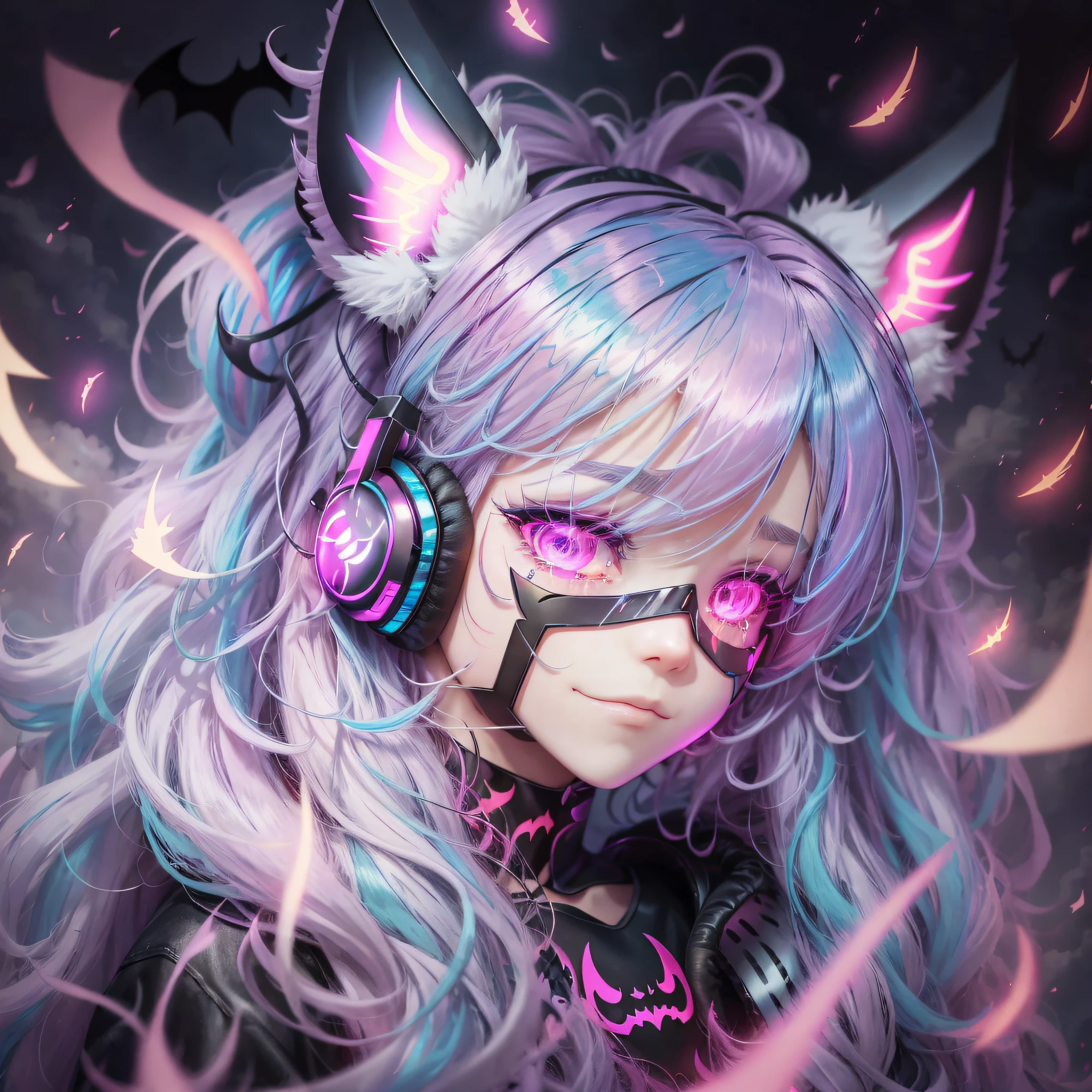 hair one side up, neon hair, cloud hair, ((hair cover ear)), (ear covered by hair), demon horns, scar on cheek, mouth mask, headphones, multiple hair bows, hollow eyes, streaming tears, bat ears, smile, shy, upside-down, ray tracing, reflection light, high detail, anime, 1080P, high details --auto --v 6