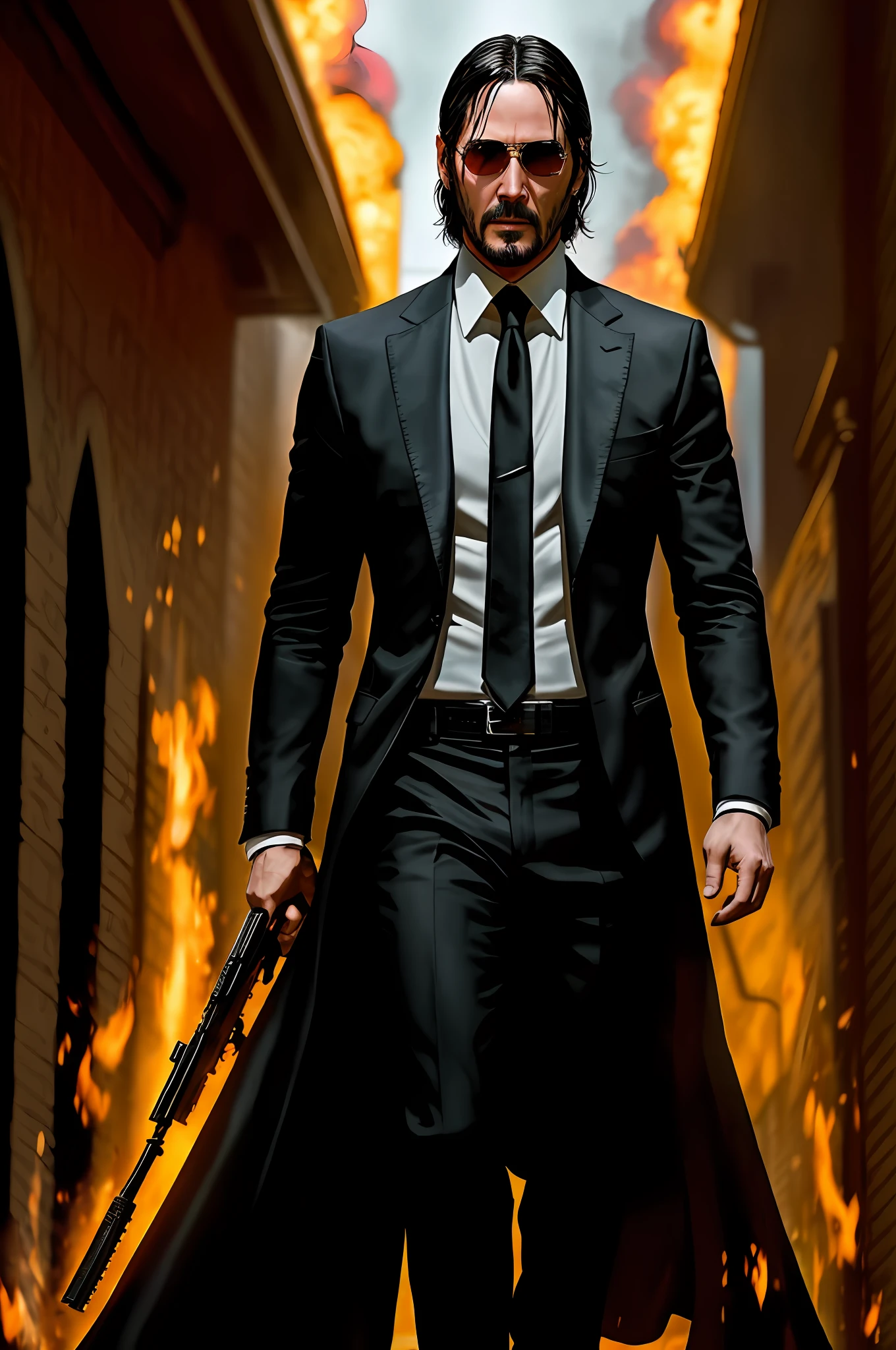 A spectacular photograph depicts John Wick as a magician, roaming the street amid explosions and flames. He holds a gun in one hand, wearing a black wizard's shirt adorned with gold accents and a black robe. Sunglasses adorn his face, while fireballs float around him. The high fantasy setting is filled with explosions and flames, providing a perfect composition. This artwork, available in HD resolutions on DeviantArt and ArtStation, is award-winning concept art, with John Wick's face and body richly detailed. The photography is stunning, capturing even the smallest details of the hands and face, with a backlight that enhances its appearance. With an ultra-realistic 12k quality and traced rays, John Wick's intense gaze is directed at the viewer, providing a cinematic feel.