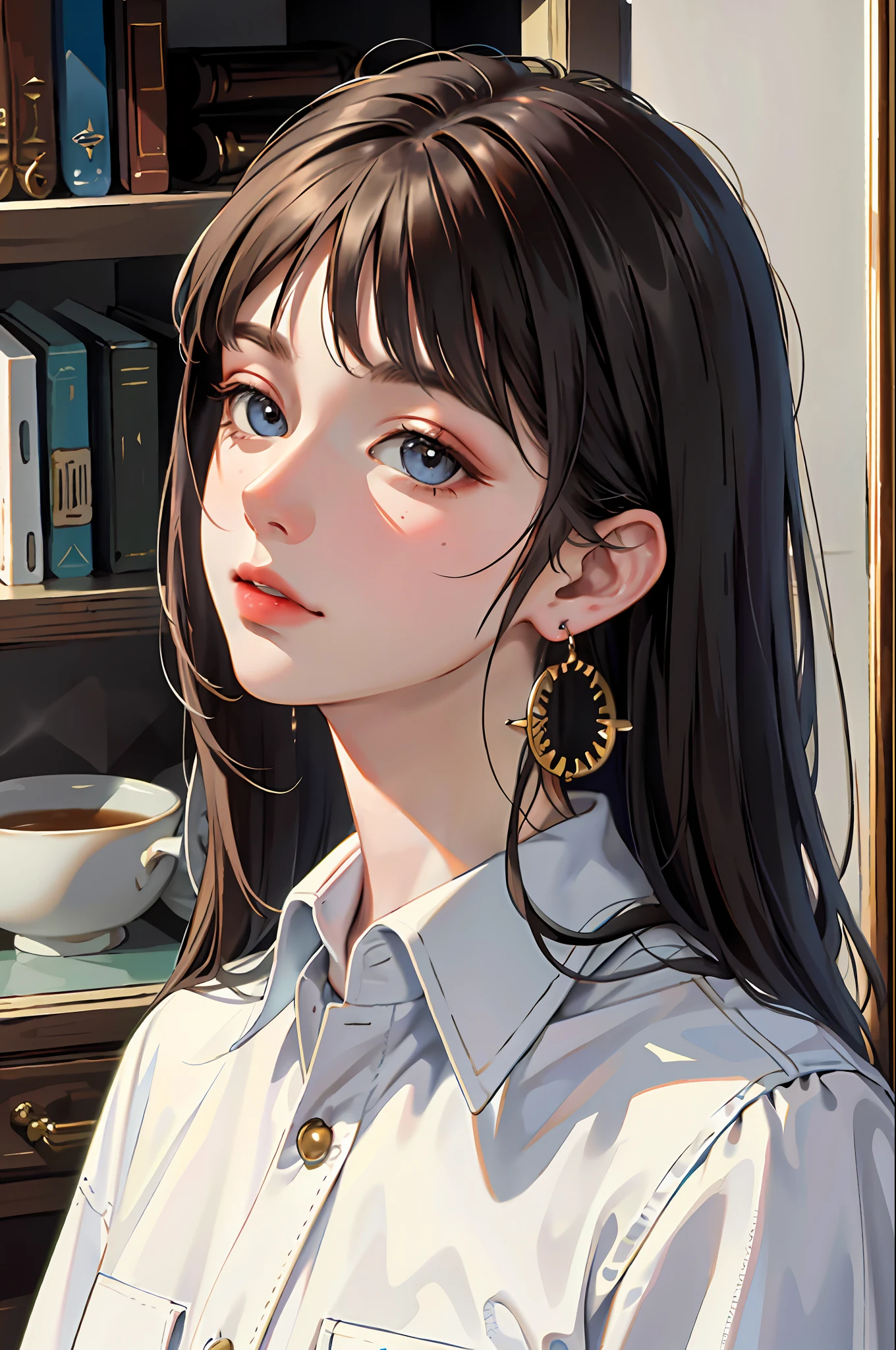 (masterpiece:1.2, best quality), (real picture, intricate details), solo, home, close-up face, shirt, (front focus), large round earrings, Looking at me, bangs
