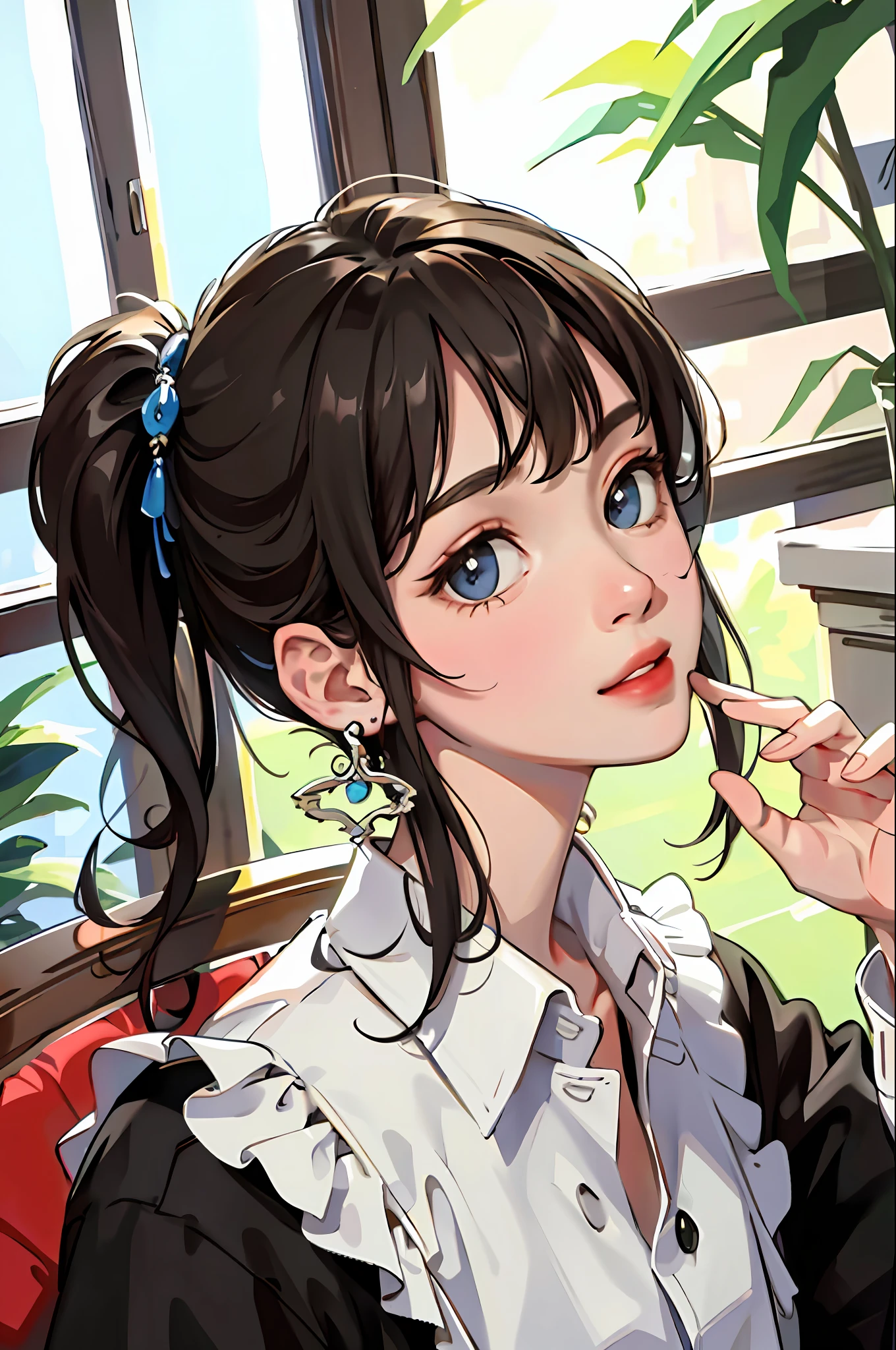 (masterpiece:1.2, best quality), (real picture, intricate details), solo, home, close-up face, shirt, (front focus), large round earrings, Looking at me, bangs